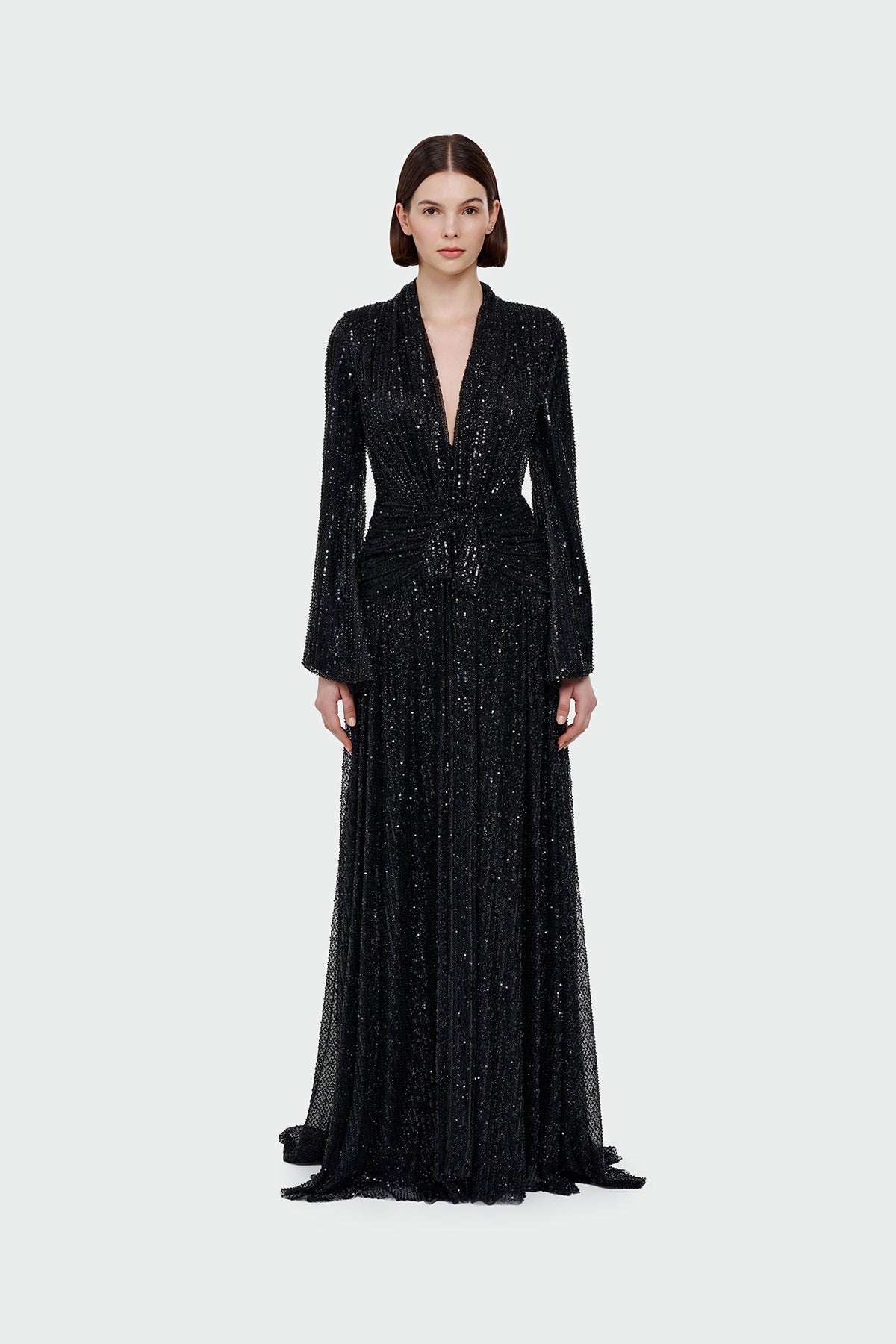 V Yaka Uzun Kollu Uzun Abiye Elbise