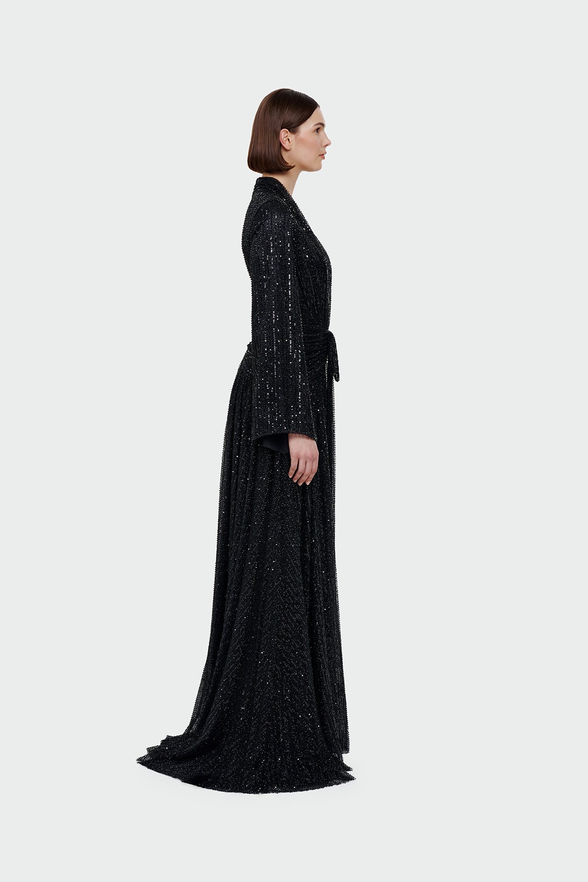 V Yaka Uzun Kollu Uzun Abiye Elbise