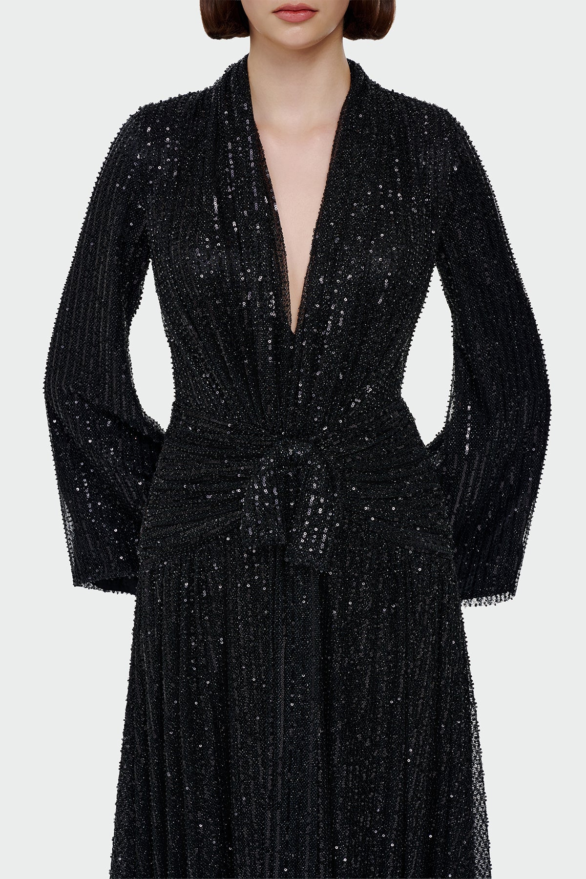 V Yaka Uzun Kollu Uzun Abiye Elbise