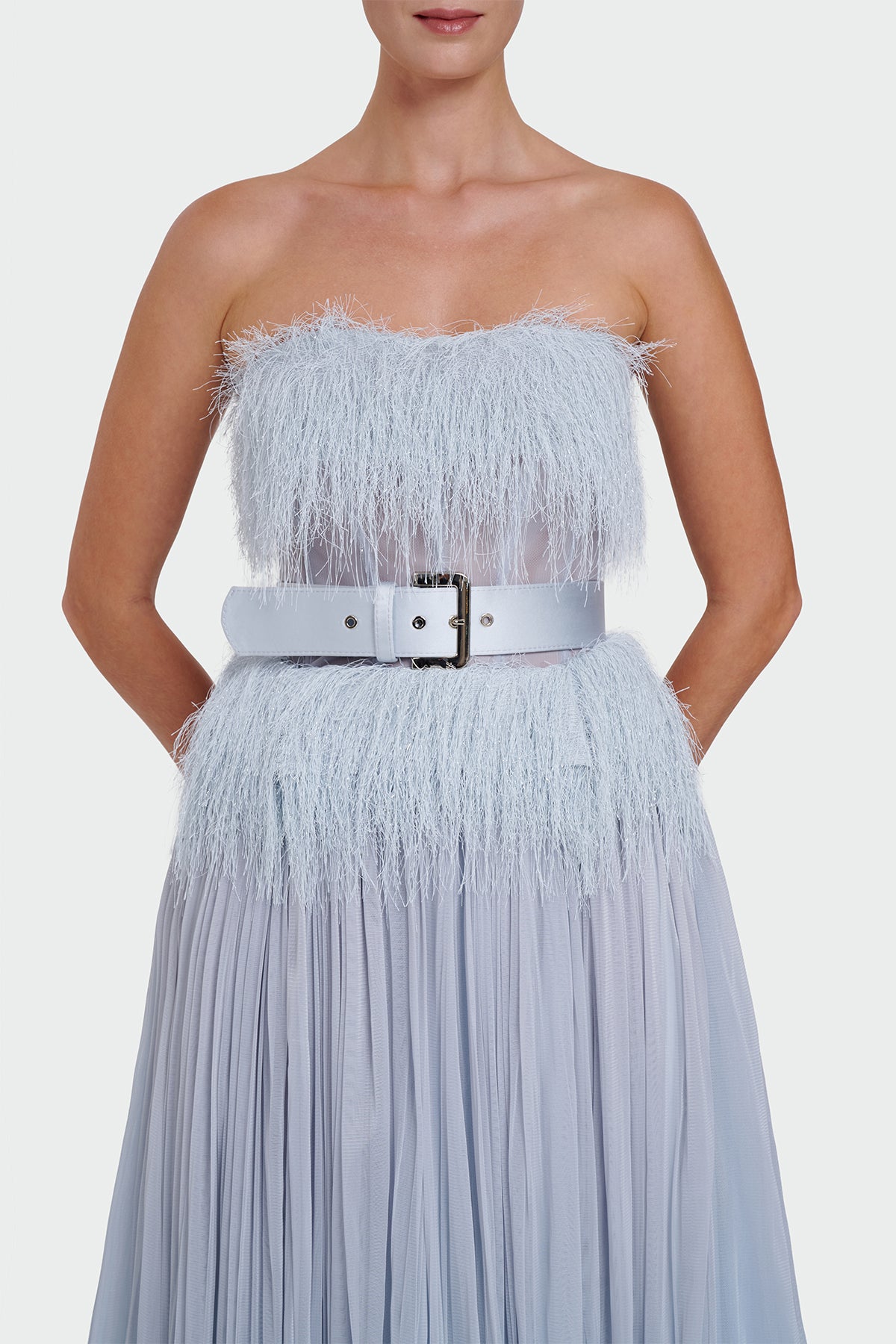 Strapless Belt Detail Slit Long Evening Dress