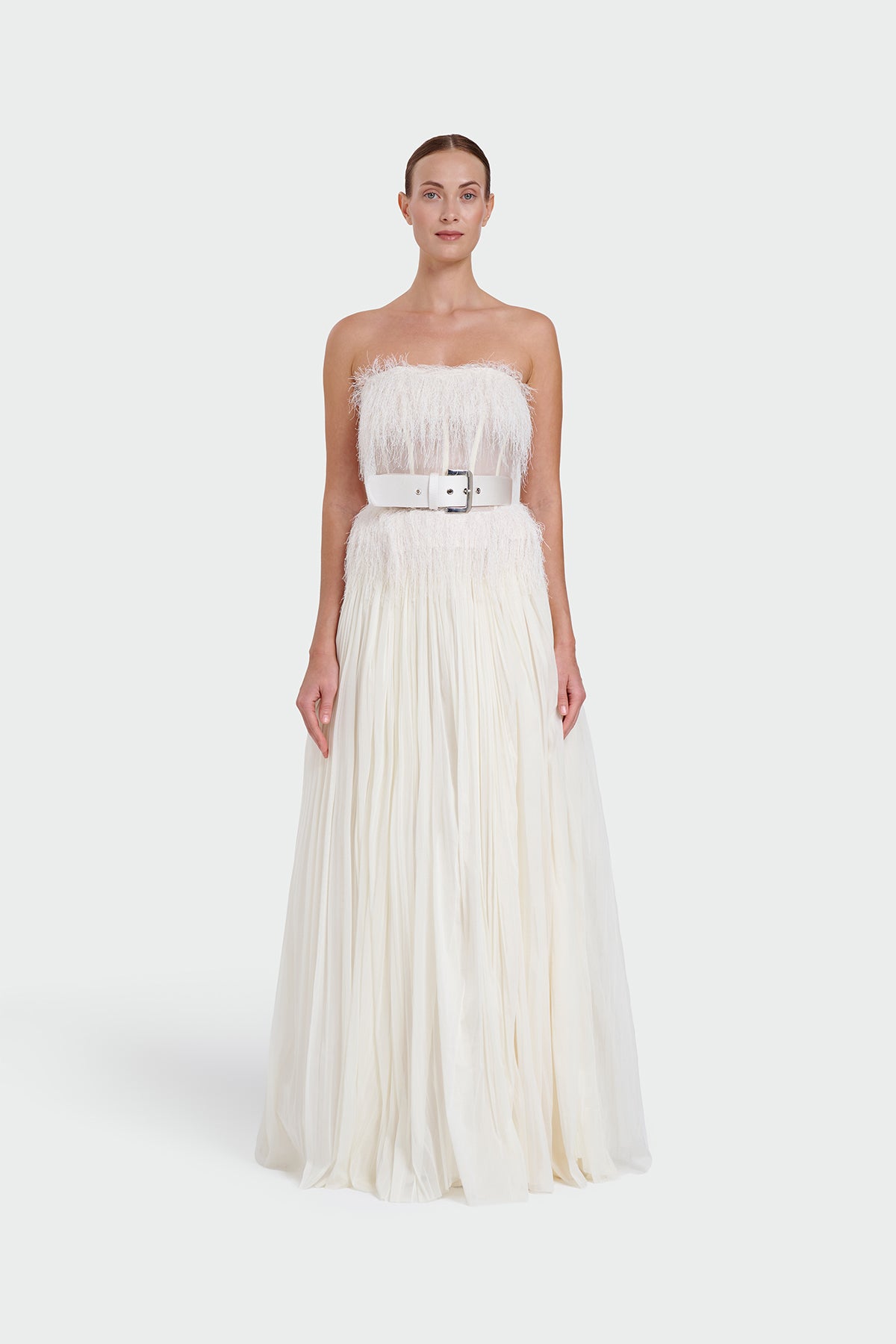 Strapless Belt Detail Slit Long Evening Dress