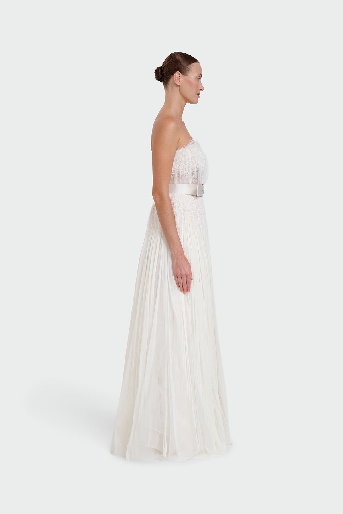 Strapless Belt Detail Slit Long Evening Dress