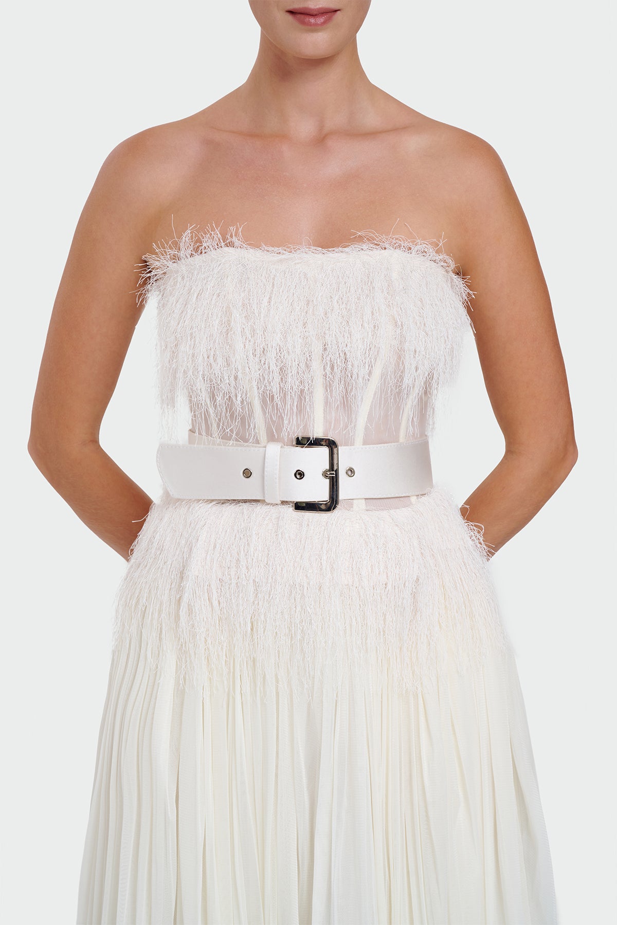 Strapless Belt Detail Slit Long Evening Dress