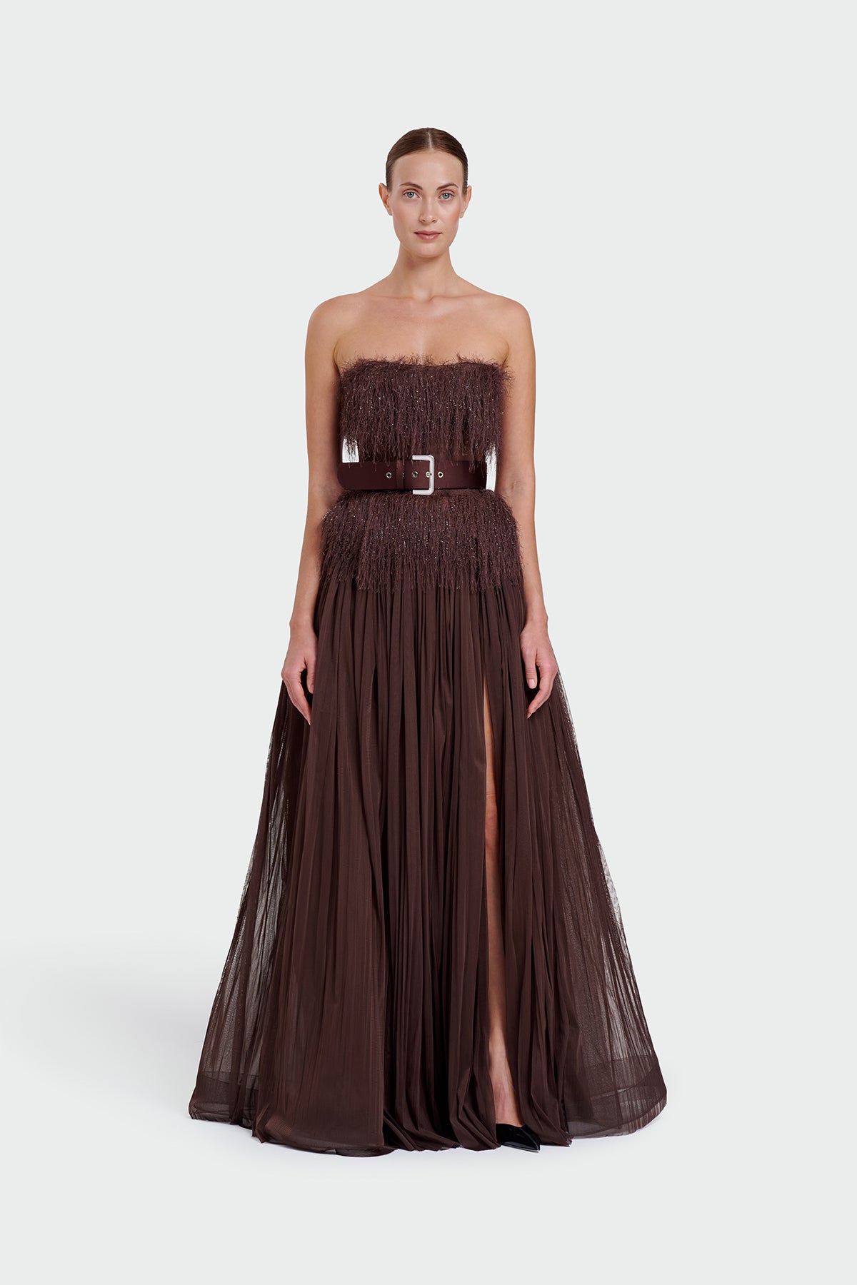 Strapless Belt Detail Slit Long Evening Dress