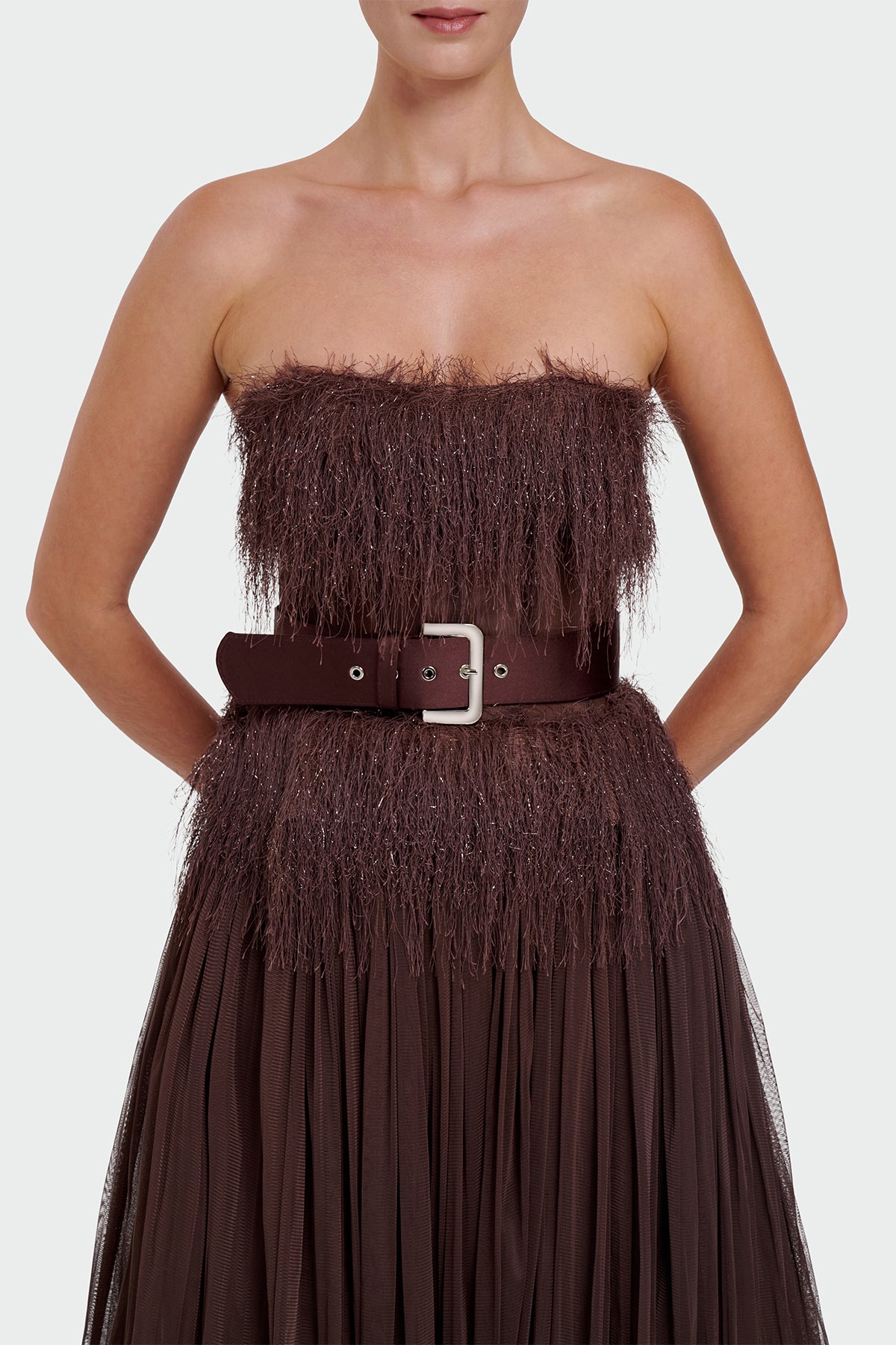 Strapless Belt Detail Slit Long Evening Dress