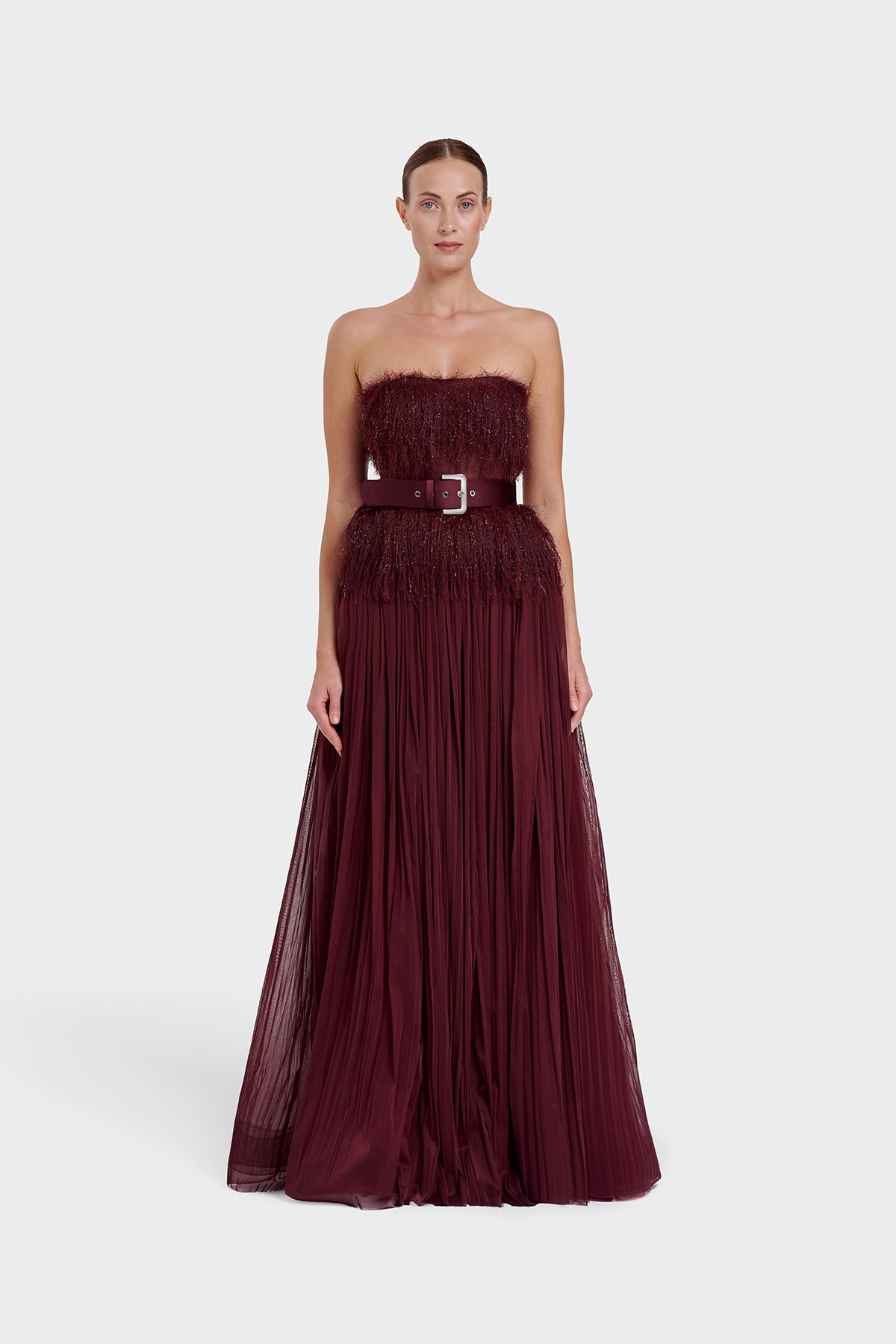 Strapless Belt Detail Slit Long Evening Dress