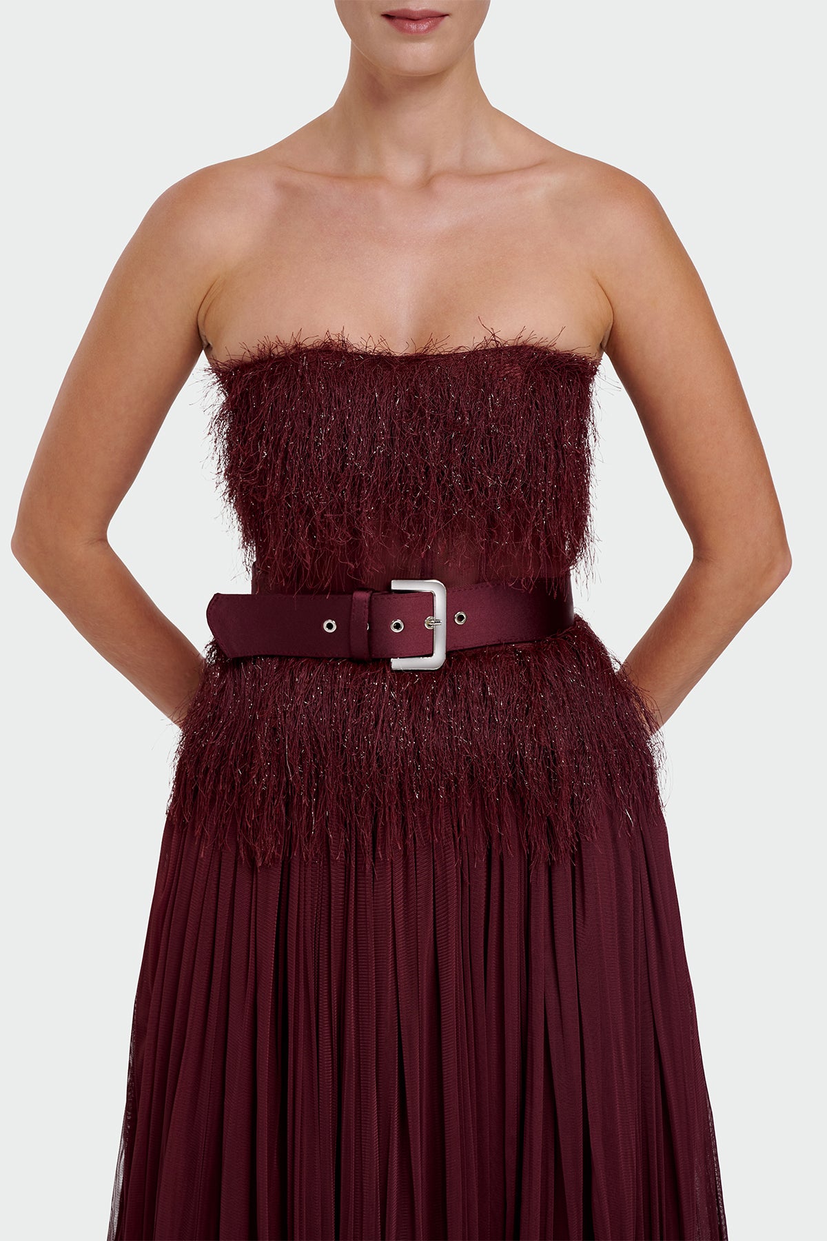 Strapless Belt Detail Slit Long Evening Dress
