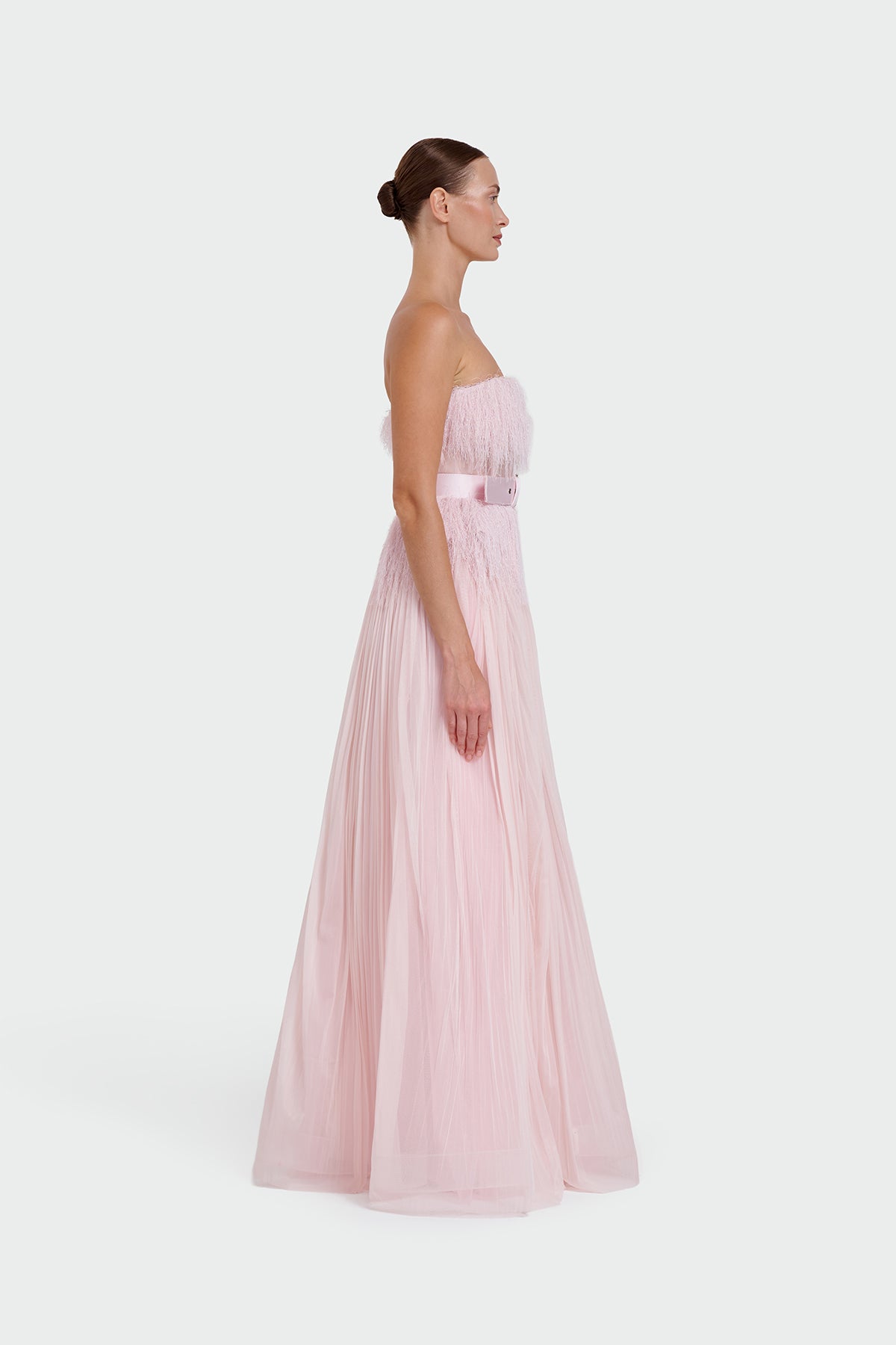 Strapless Belt Detail Slit Long Evening Dress