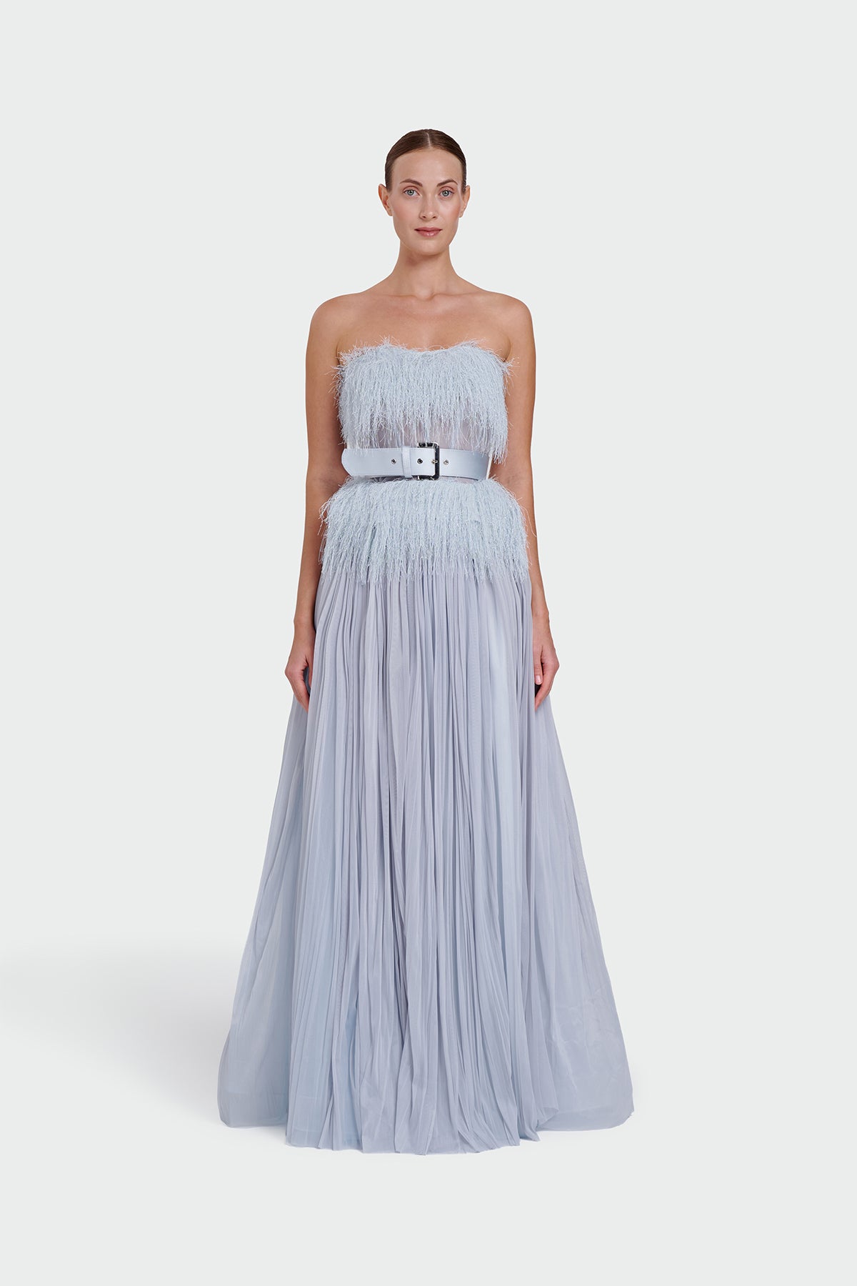 Strapless Belt Detail Slit Long Evening Dress