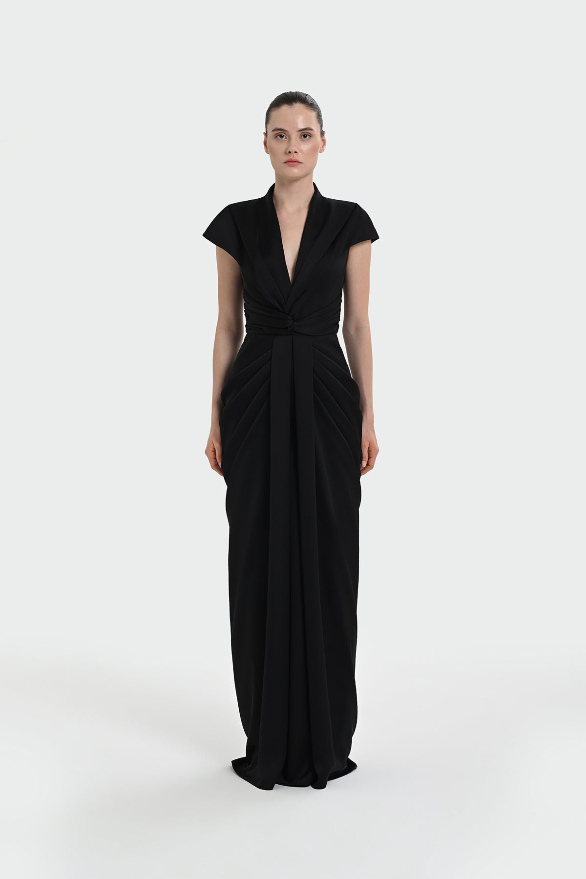 V Yaka Drapeli Bel Detaylı Kısa Kollu Abiye Elbise