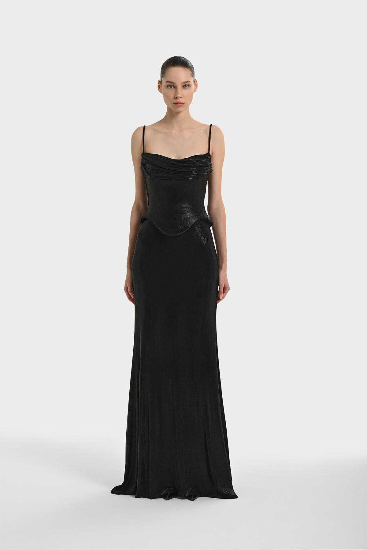 İnce Askılı Drape Detaylı Abiye Elbise