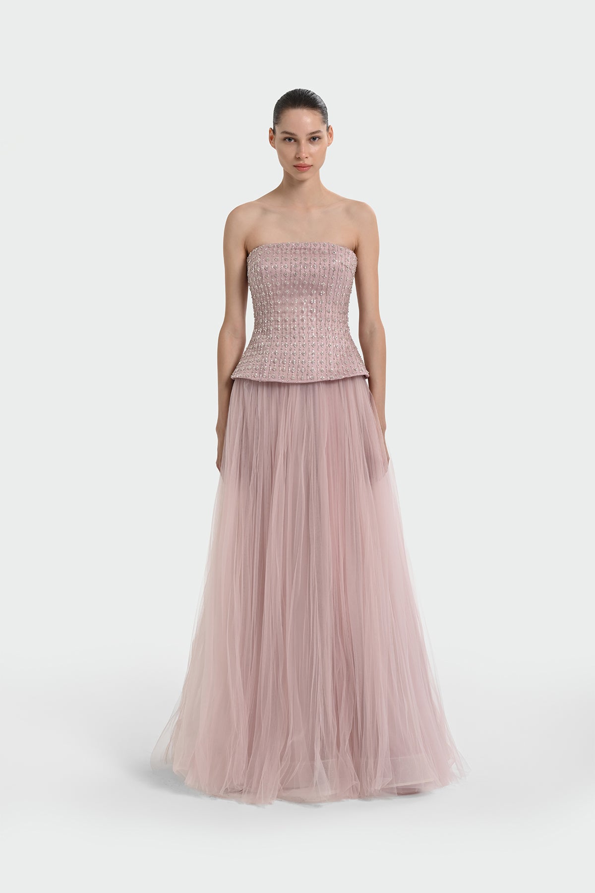 Straplez Taş İşlemeli Etek Tül Abiye Elbise