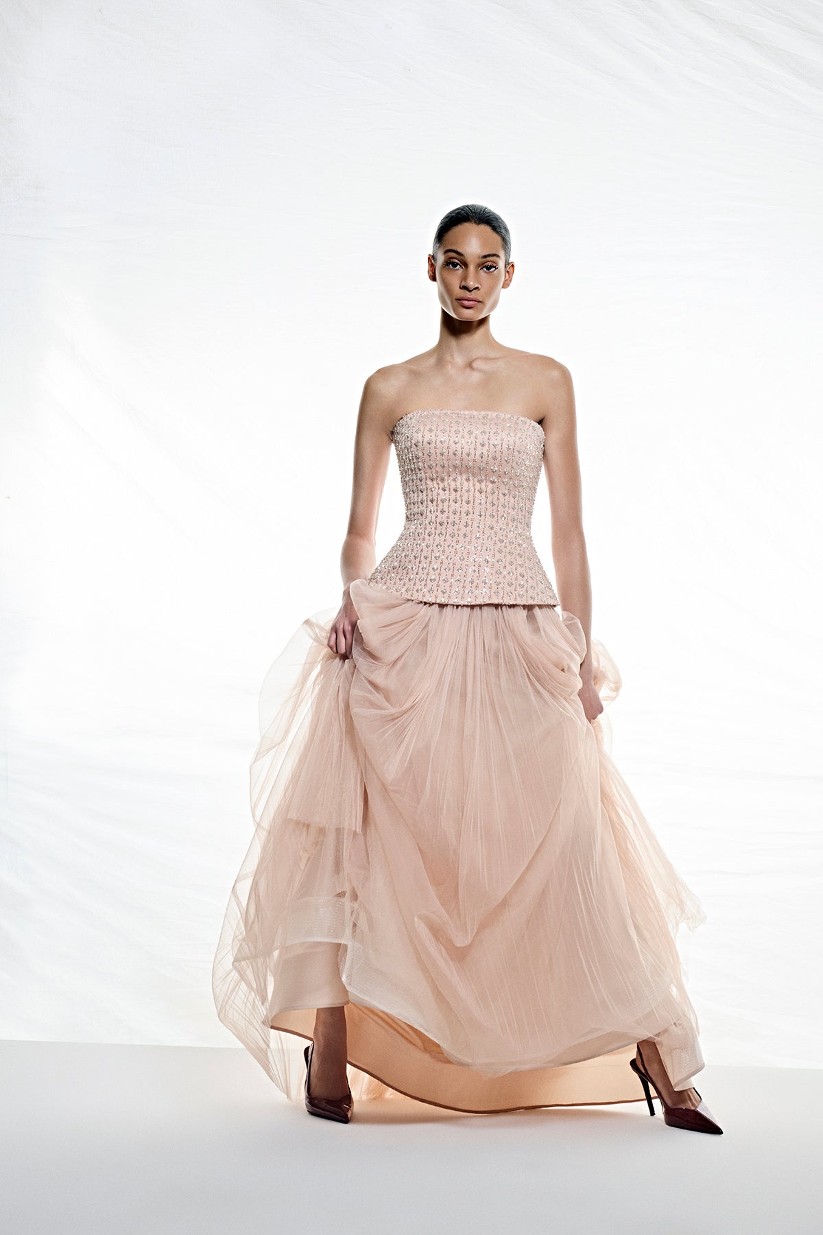 Straplez Taş İşlemeli Etek Tül Abiye Elbise