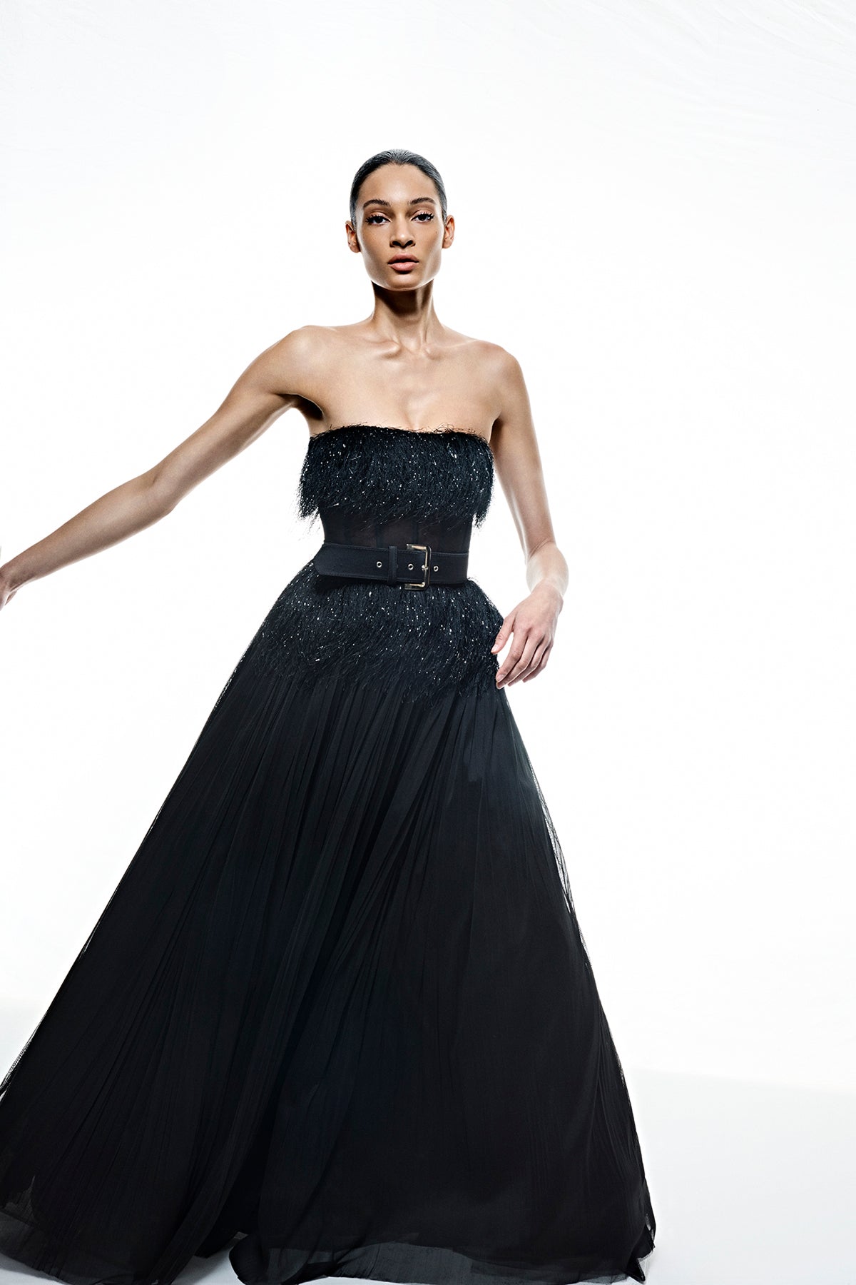 Strapless Belt Detail Slit Long Evening Dress