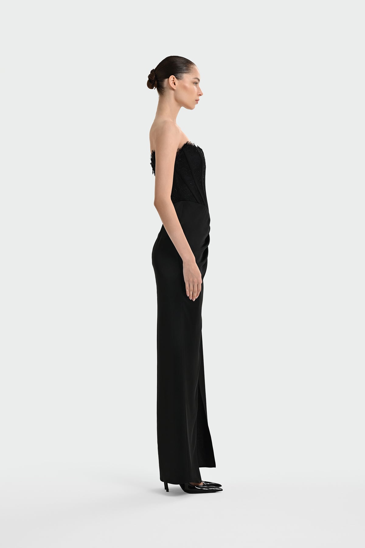 Strapless Draped Slit Evening Gown