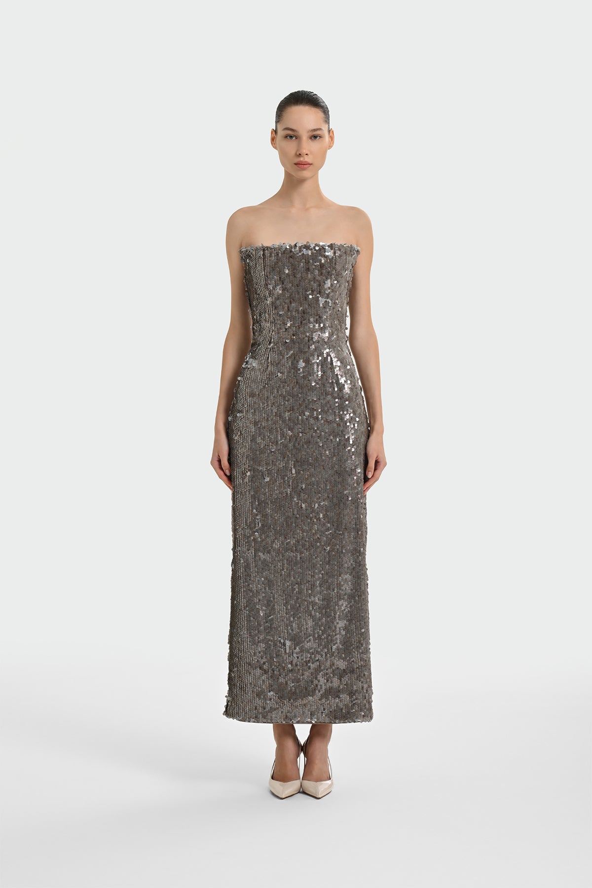 Pul Payetli Straplez Abiye Elbise