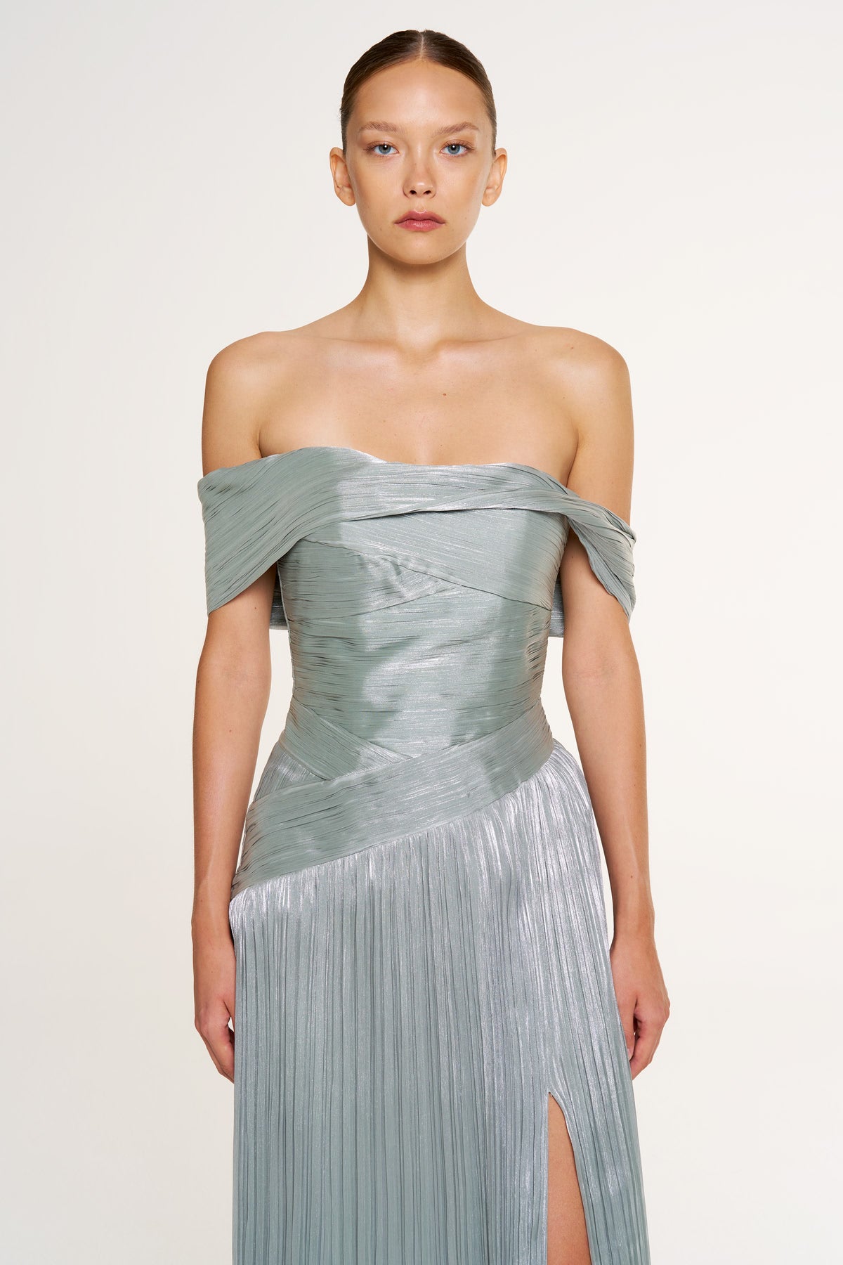 Düşük Omuz Drape Detaylı Uzun Abiye Elbise