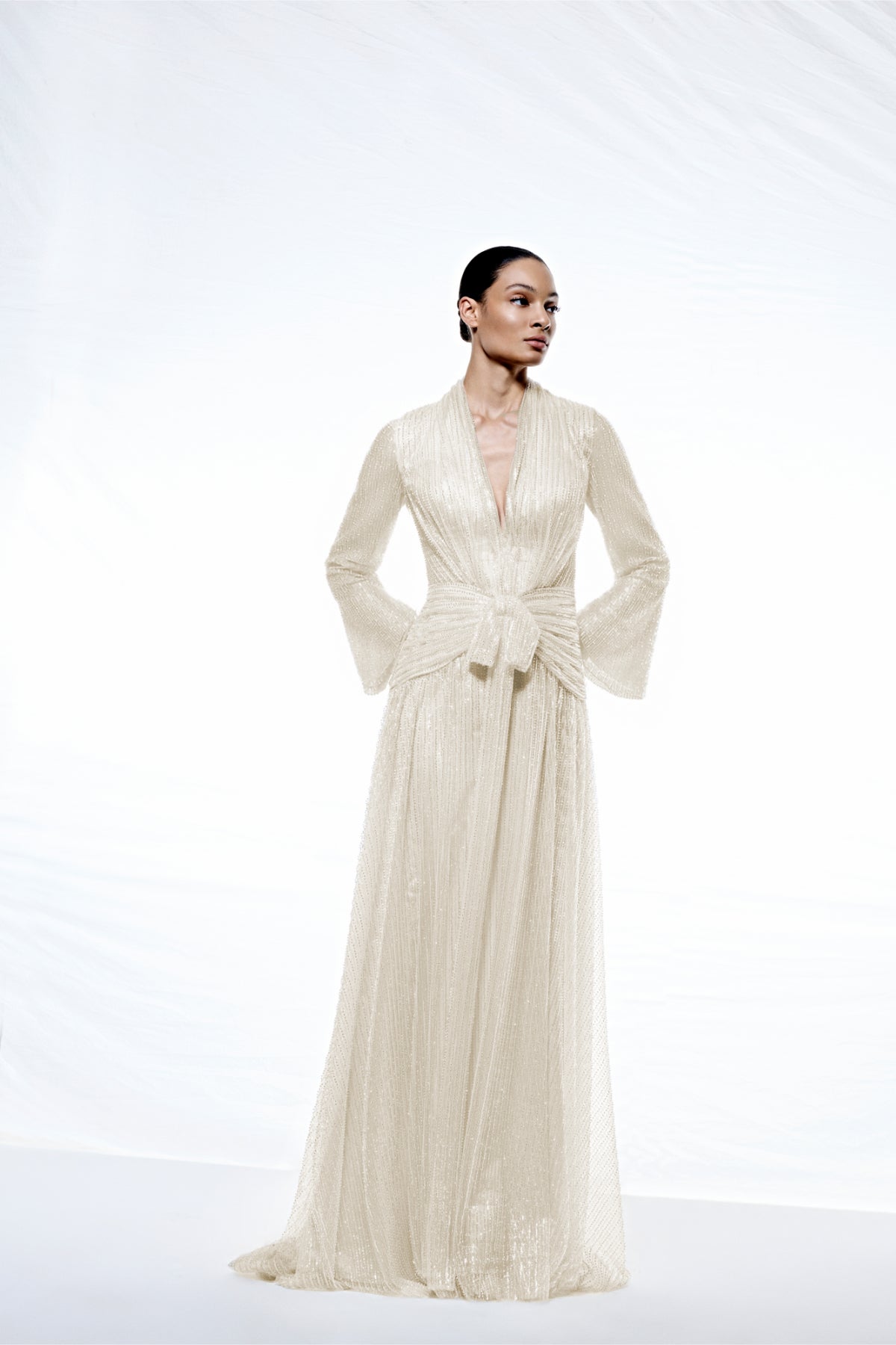 V Yaka Uzun Kollu Uzun Abiye Elbise