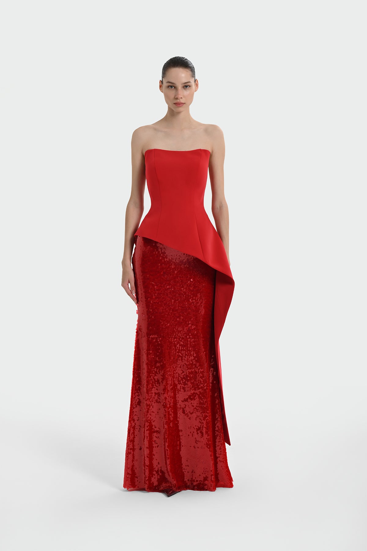 Sequin Embellished Strapless Crepe Evening Gown Set