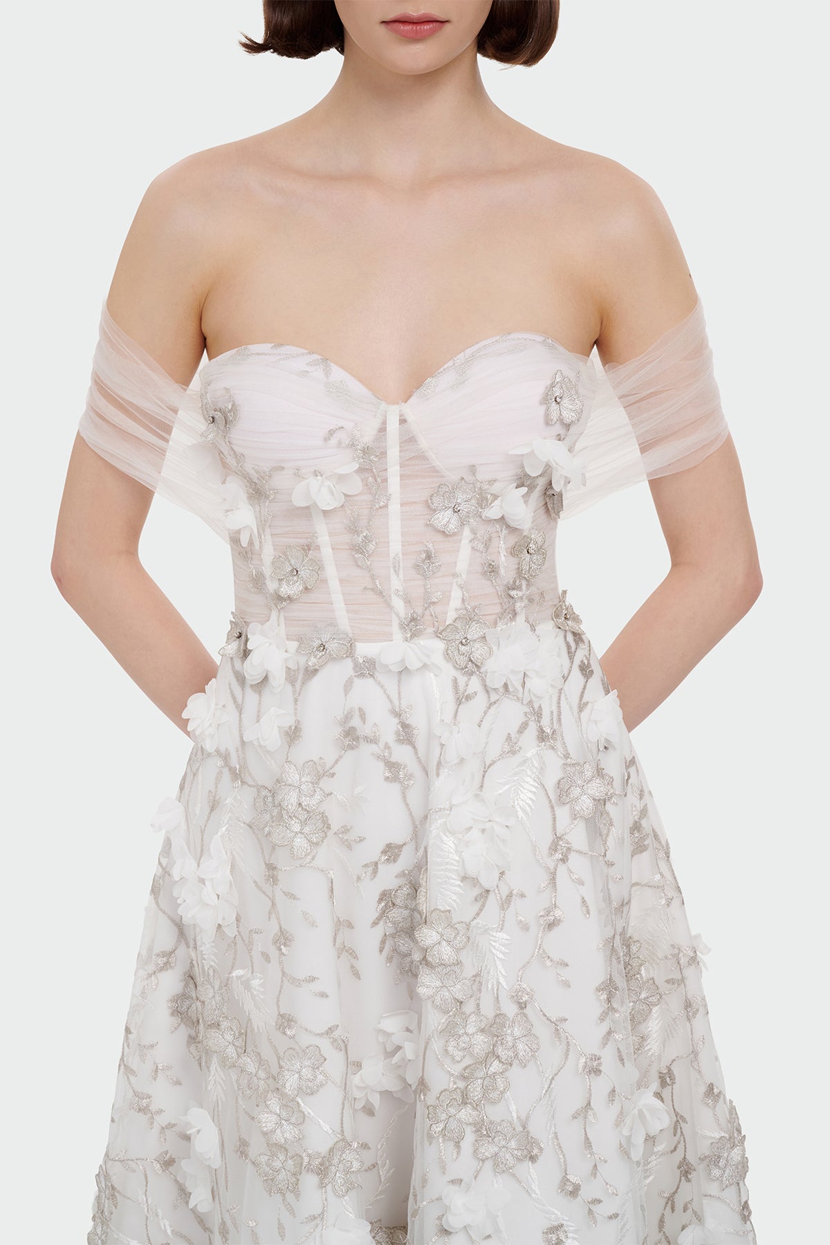 Three Size Floral Detailed Low Shoulder Evening Dress