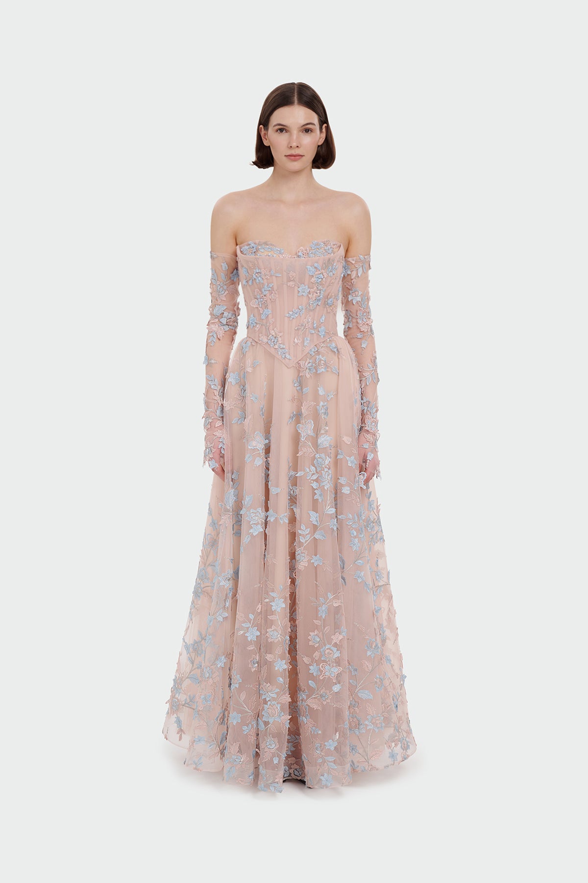 Üç Boyut Çiçekli Eldivenli Abiye Elbise