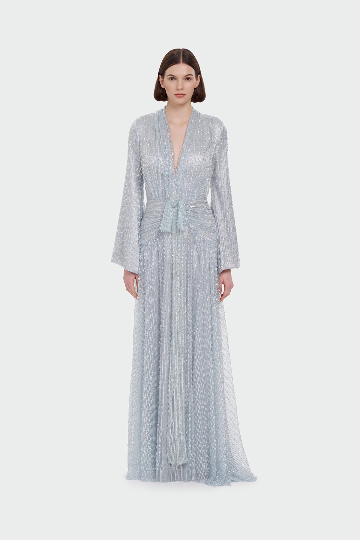 V Yaka Uzun Kollu Uzun Abiye Elbise