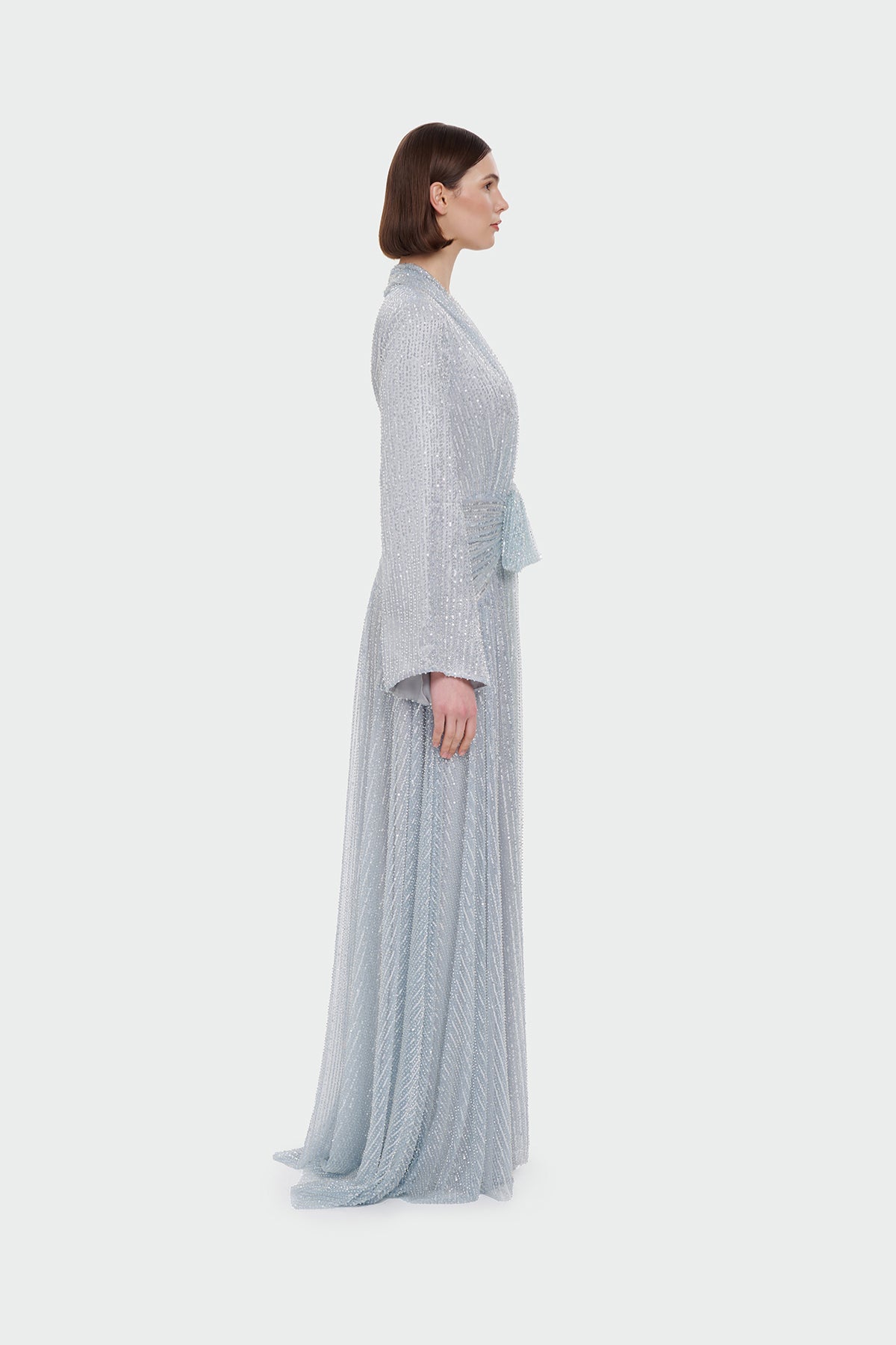 V Yaka Uzun Kollu Uzun Abiye Elbise