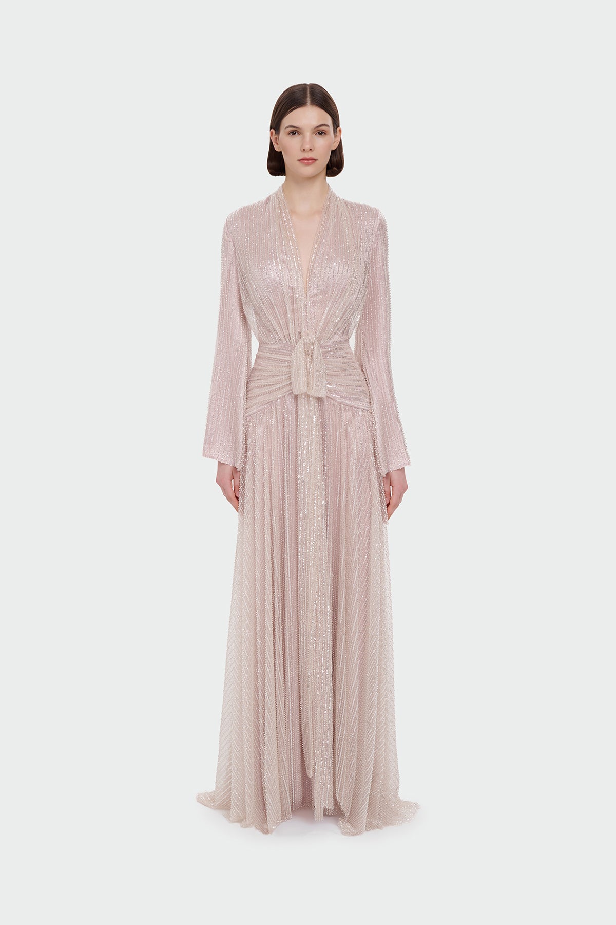 V Yaka Uzun Kollu Uzun Abiye Elbise