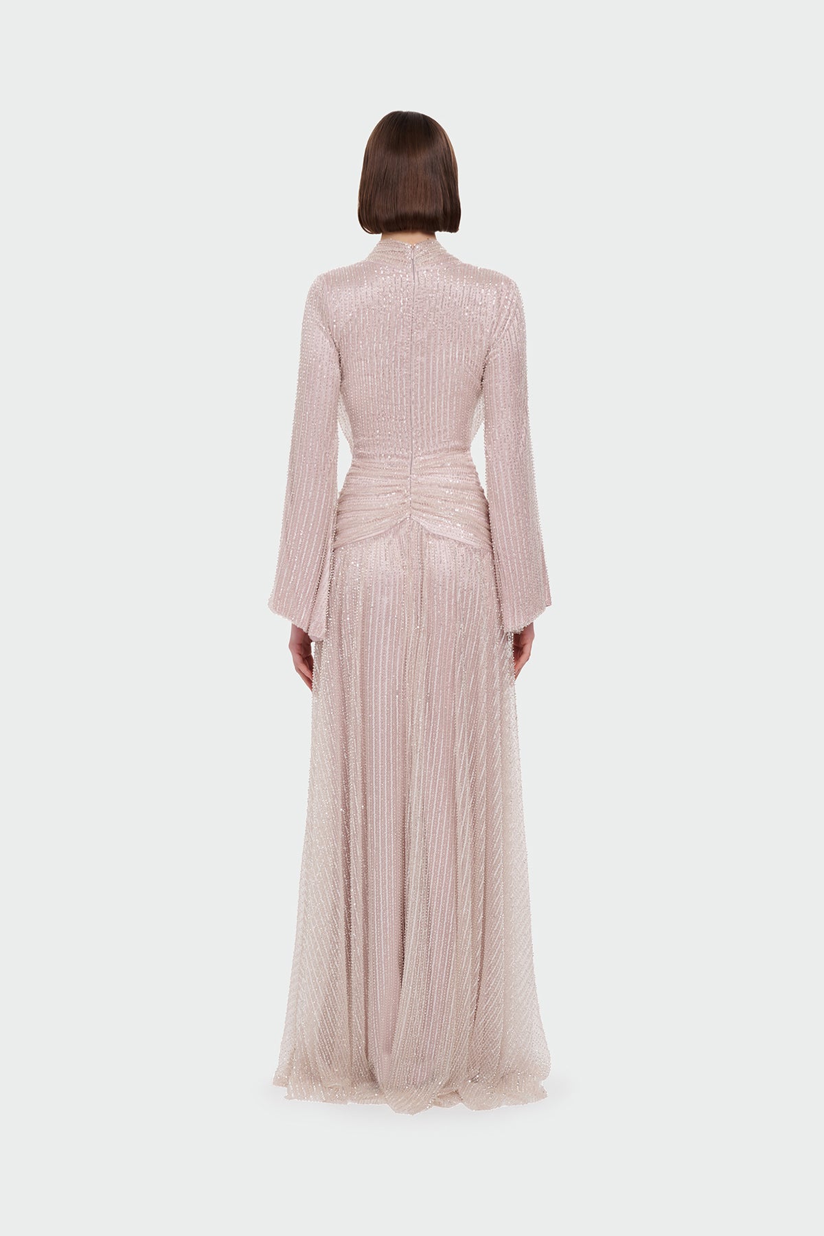 V Yaka Uzun Kollu Uzun Abiye Elbise