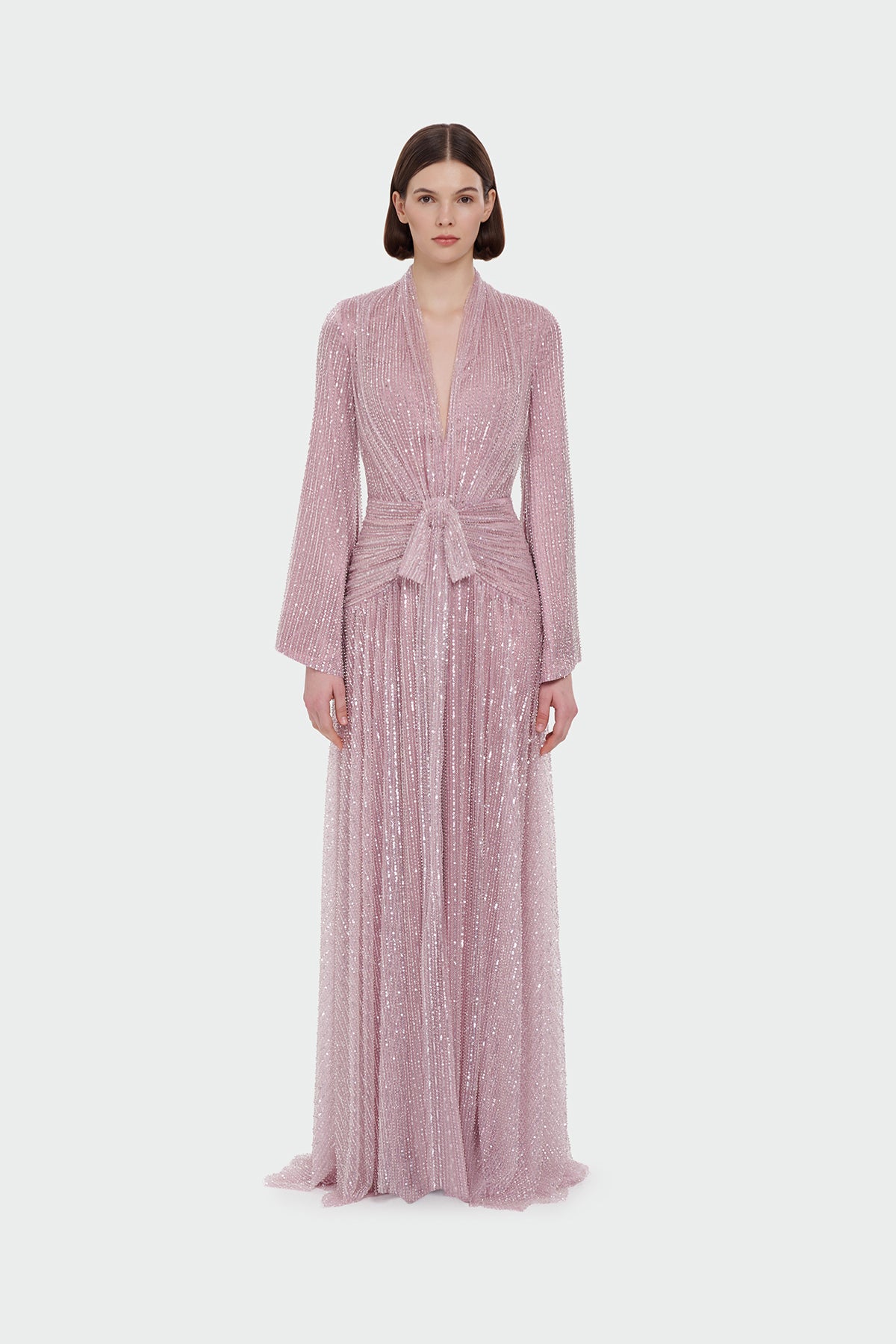 V Yaka Uzun Kollu Uzun Abiye Elbise