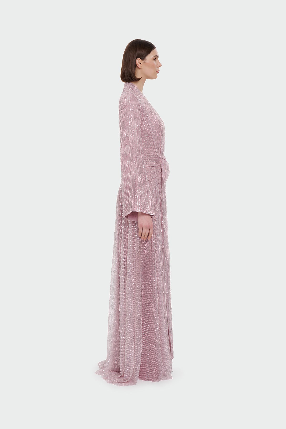 V Yaka Uzun Kollu Uzun Abiye Elbise