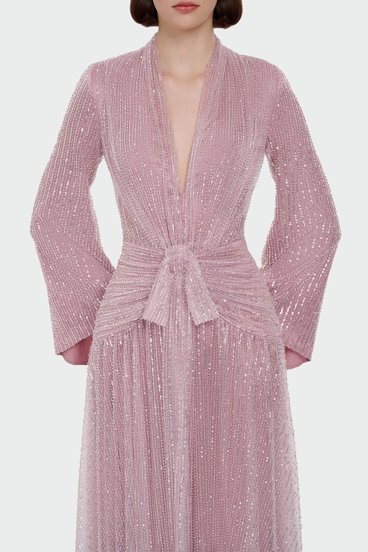 V Yaka Uzun Kollu Uzun Abiye Elbise