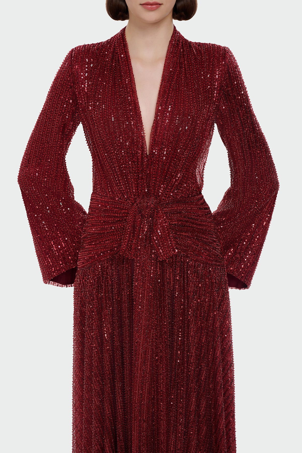 V Yaka Uzun Kollu Uzun Abiye Elbise