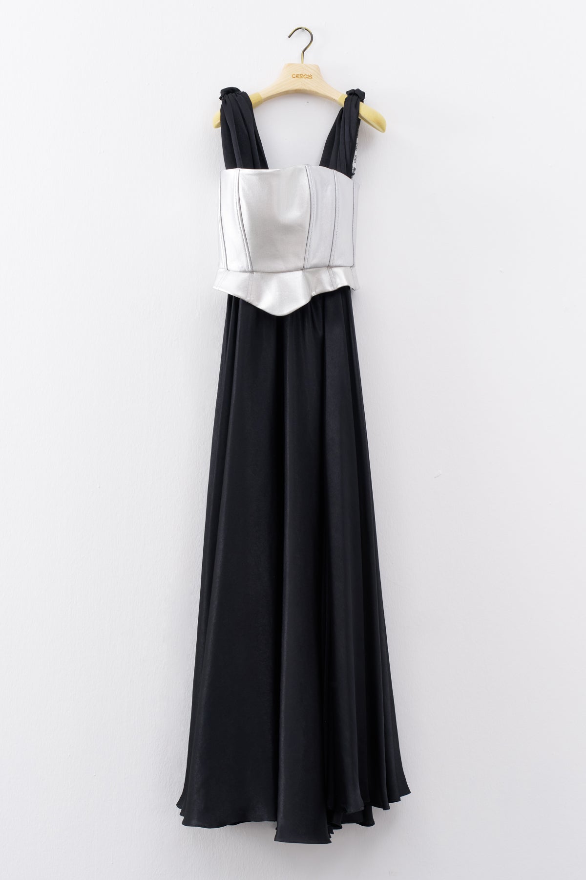 Black Strap Metallic Bodice Long Evening Dress