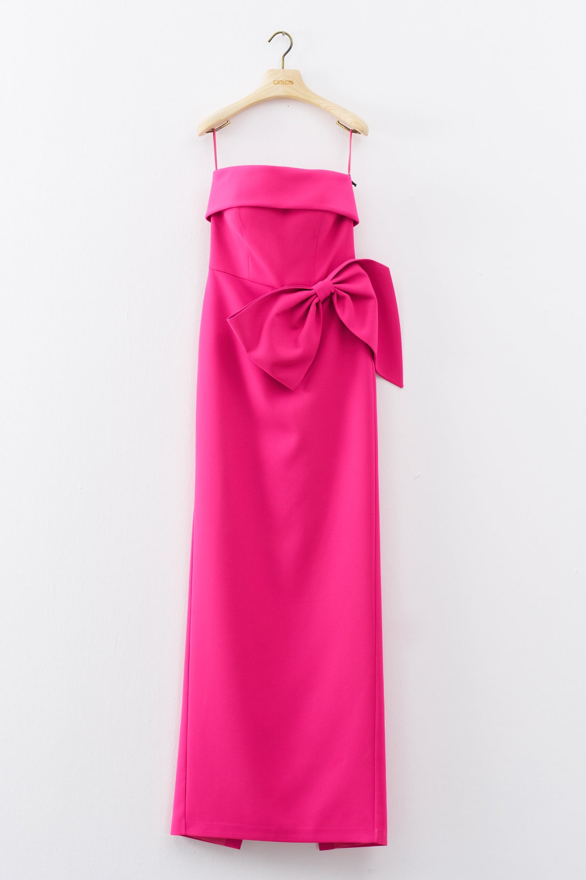 Fuchsia Strapless Bow Detailed Long Evening Dress