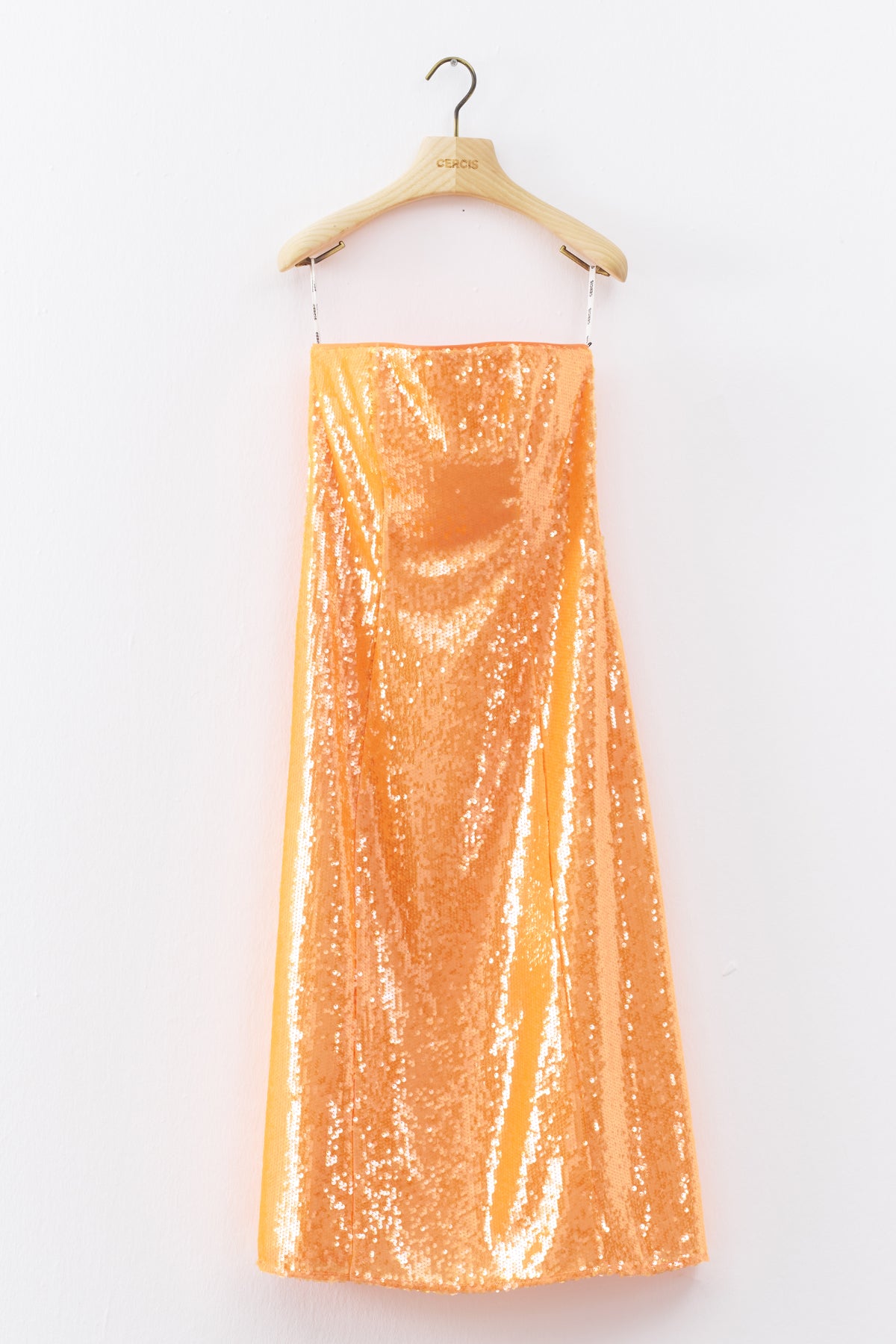 Orange Sequined Strapless Midi Evening Dress