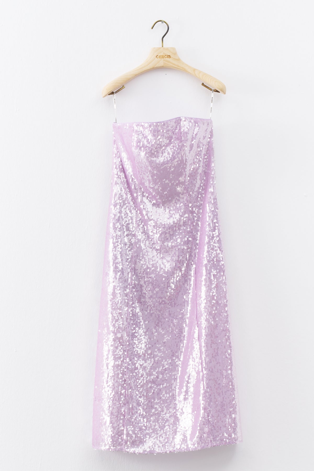 Lilac Sequined Strapless Midi Evening Dress