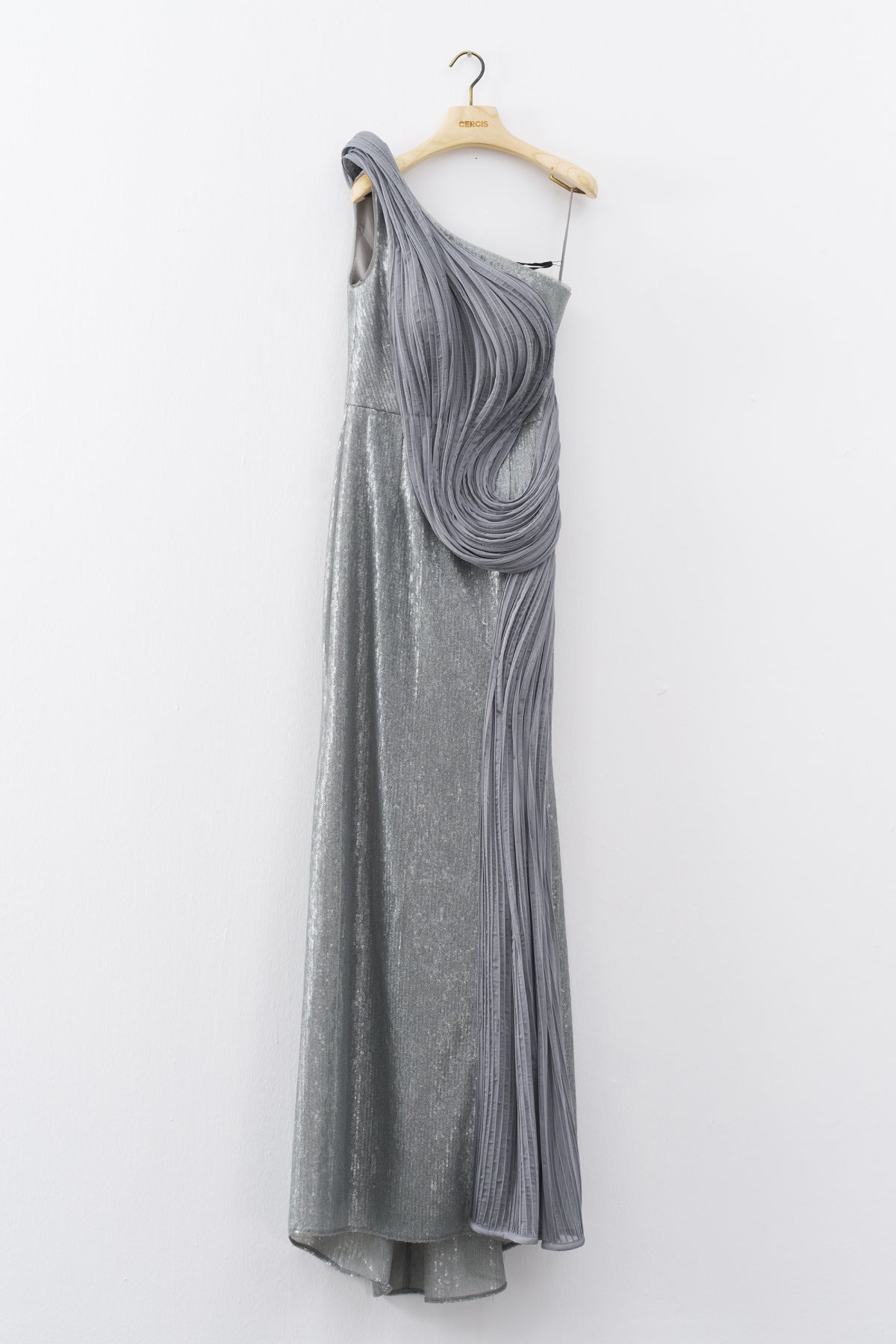 Gray One Shoulder Sequined Organza Detailed Long Evening Dress