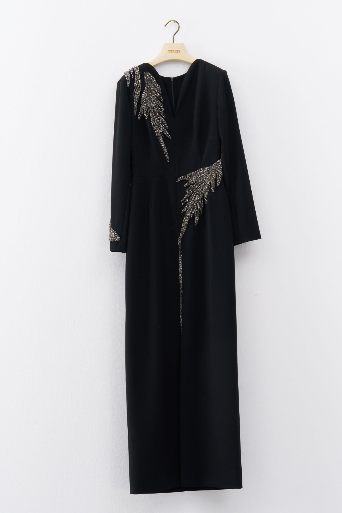 Black Stone Embroidered V Neck Front Slit Long Evening Dress