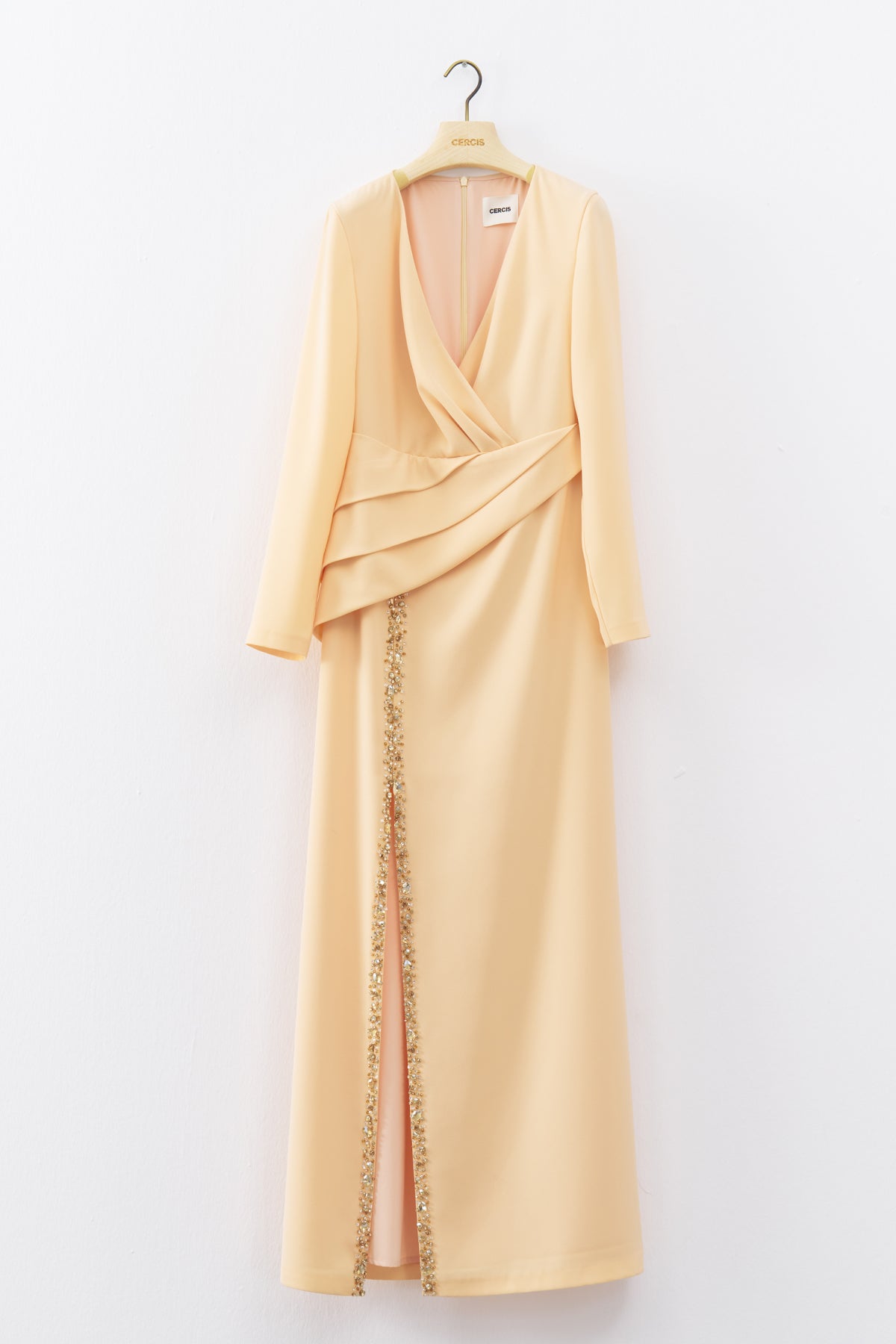 Cream Draped and Embroidered Detailed Slit Long Evening Dress