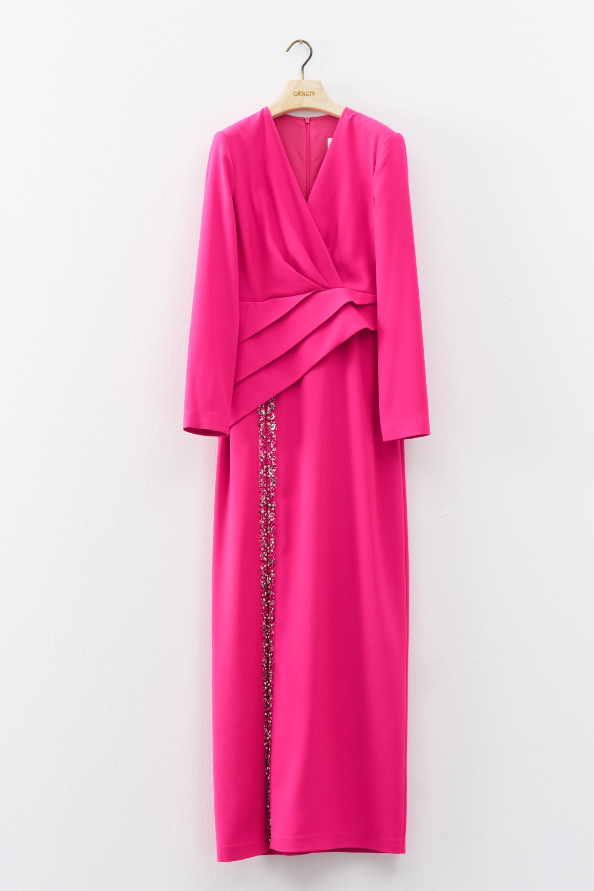 Fuchsia Draped and Embroidered Detailed Slit Long Evening Dress