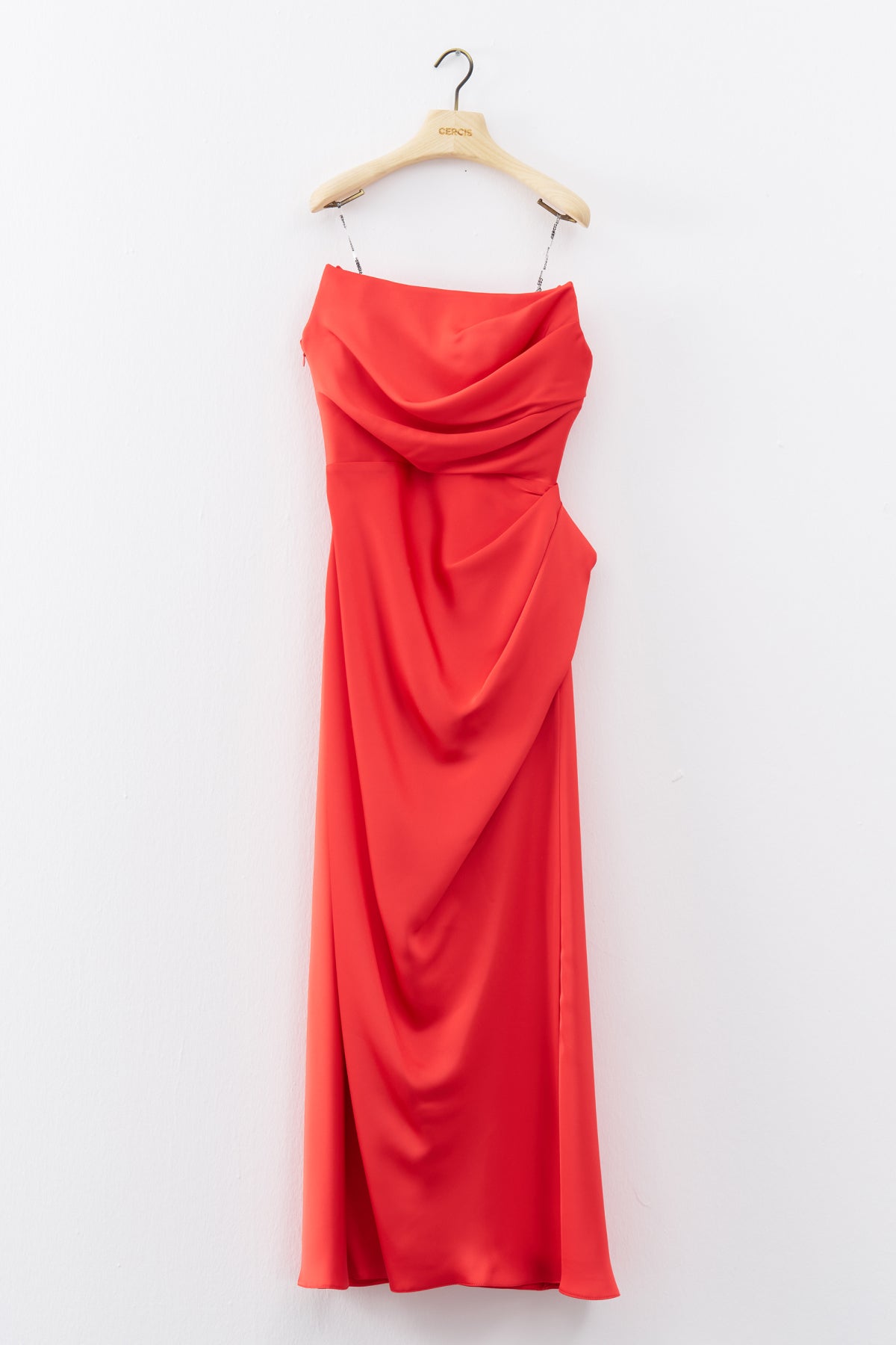 Coral Red Strapless Draped Detail Long Evening Dress