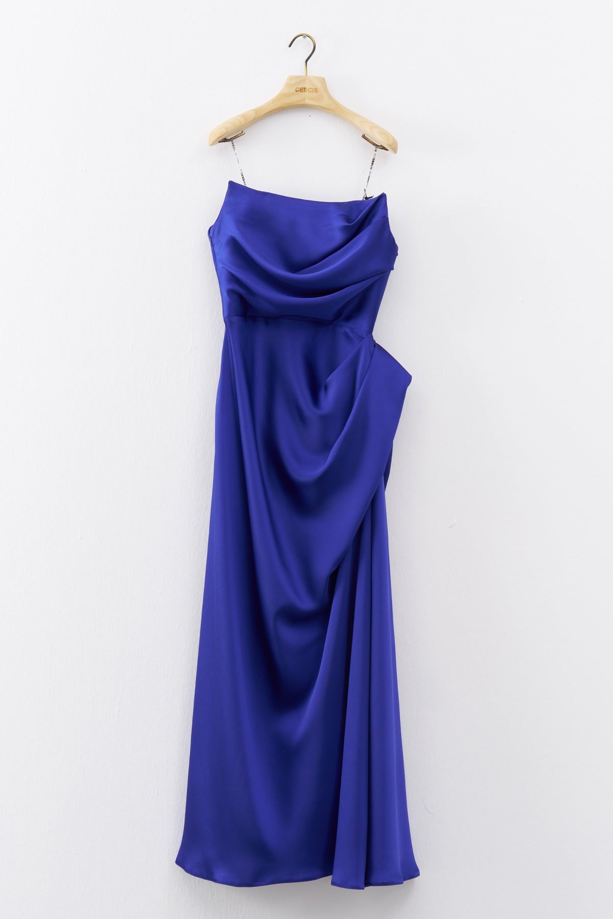 Saxe Blue Strapless Draped Detail Long Evening Dress