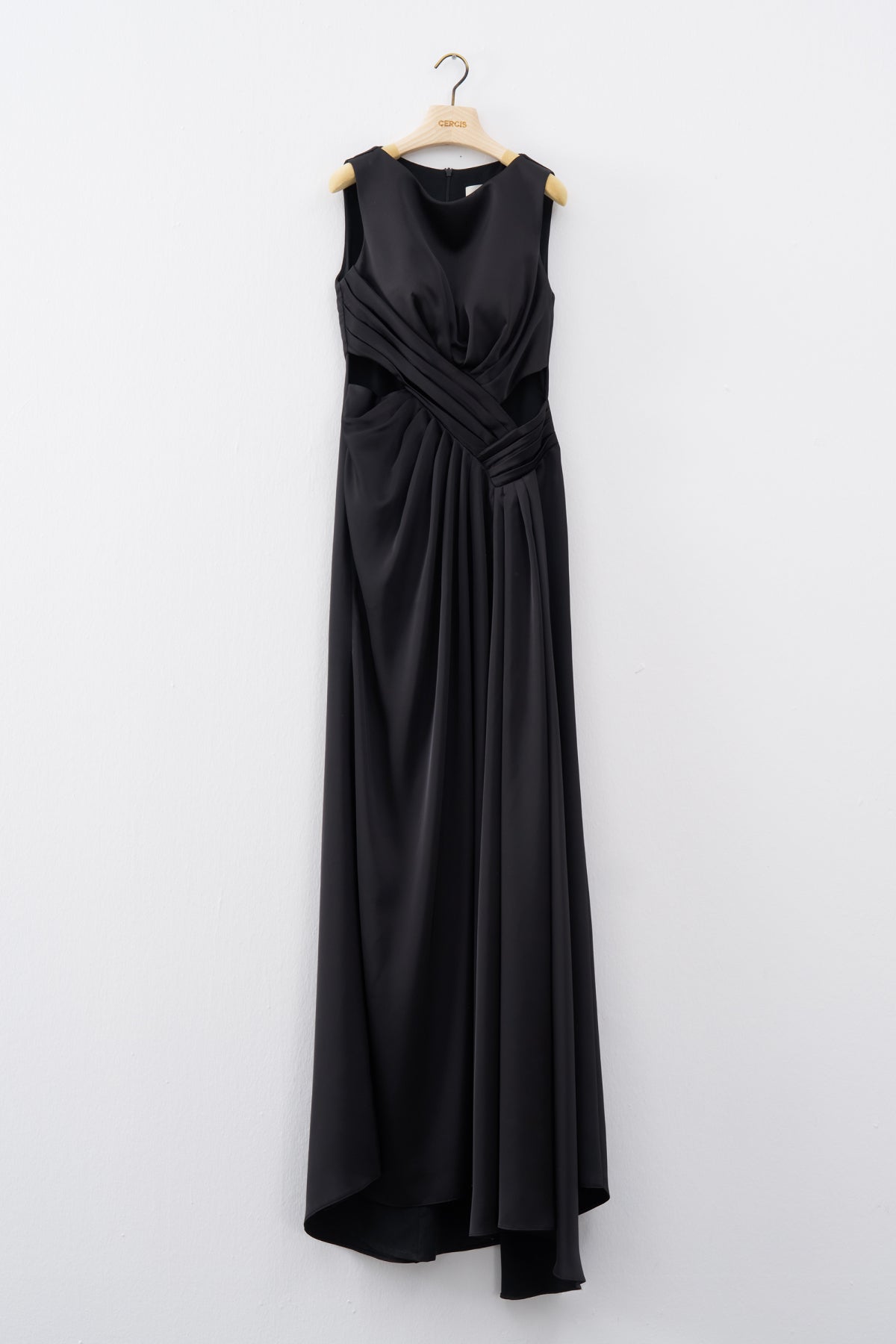 Black Window Detailed Slit Long Evening Dress