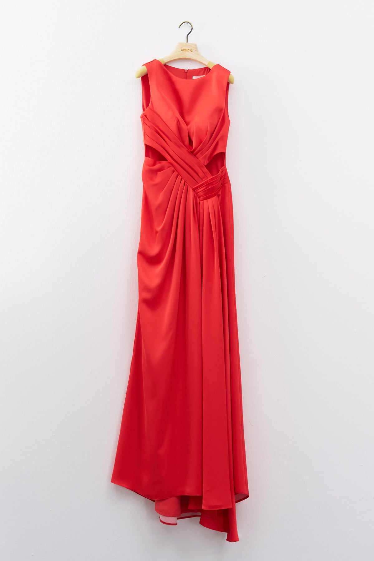 Red Window Detailed Slit Long Evening Dress