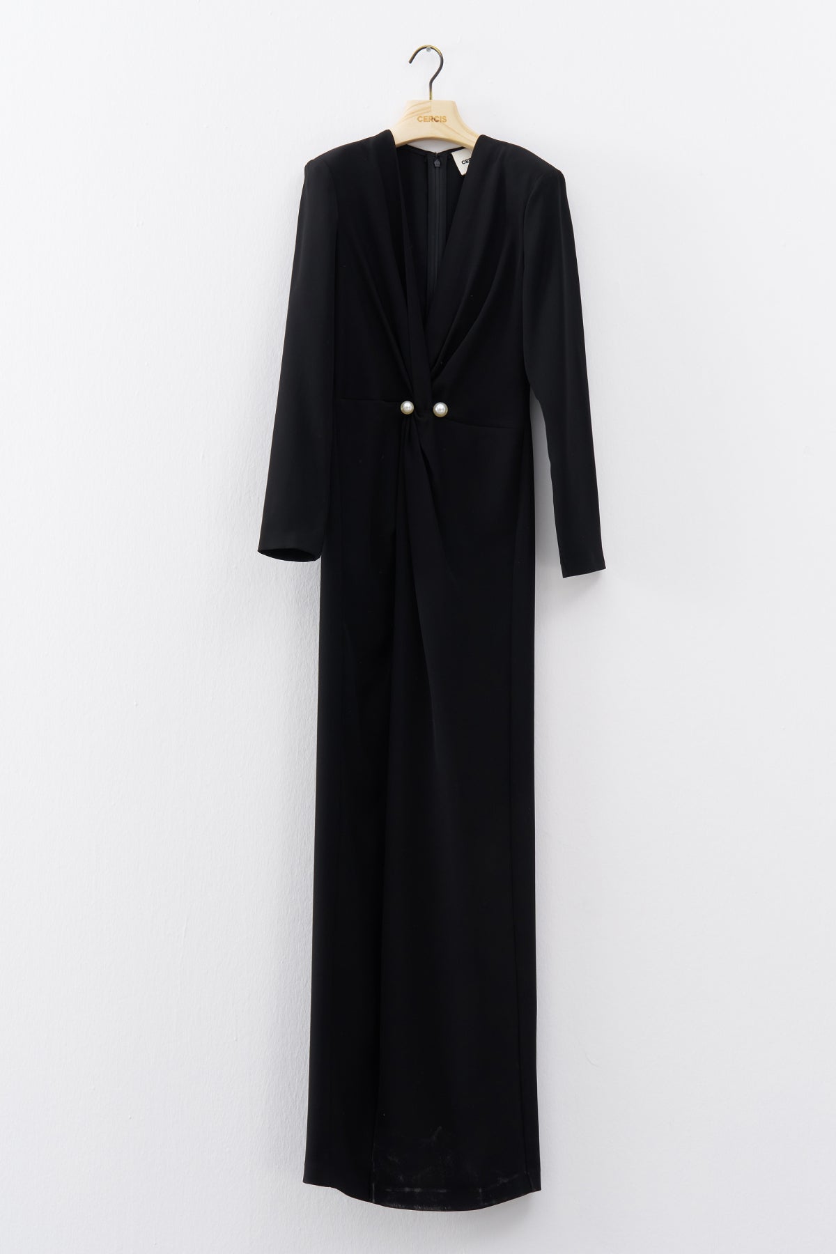 Black V Neck Long Sleeve Slit Long Evening Dress