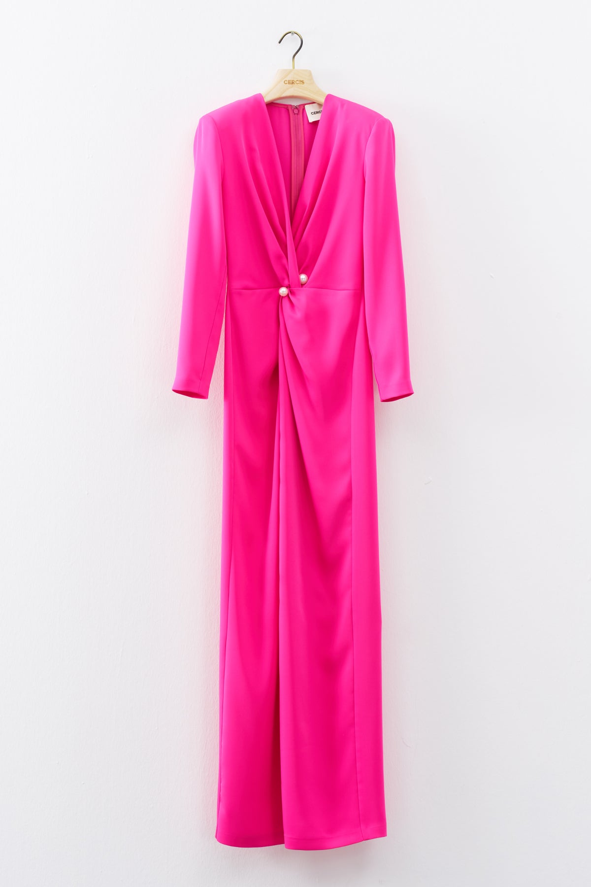 Fuchsia V Neck Long Sleeve Slit Long Evening Dress