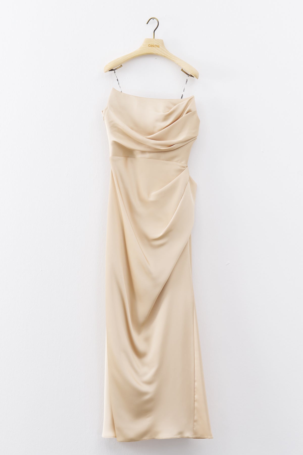 Cream Strapless Draped Detail Long Evening Dress