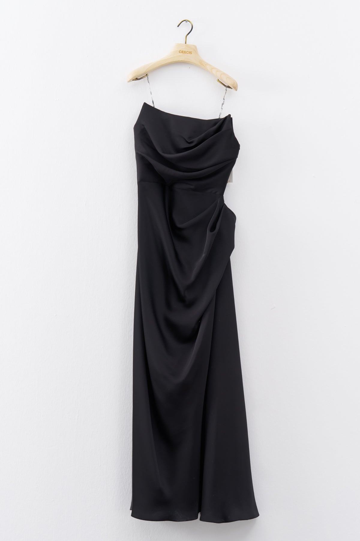 Black Strapless Draped Detail Long Evening Dress