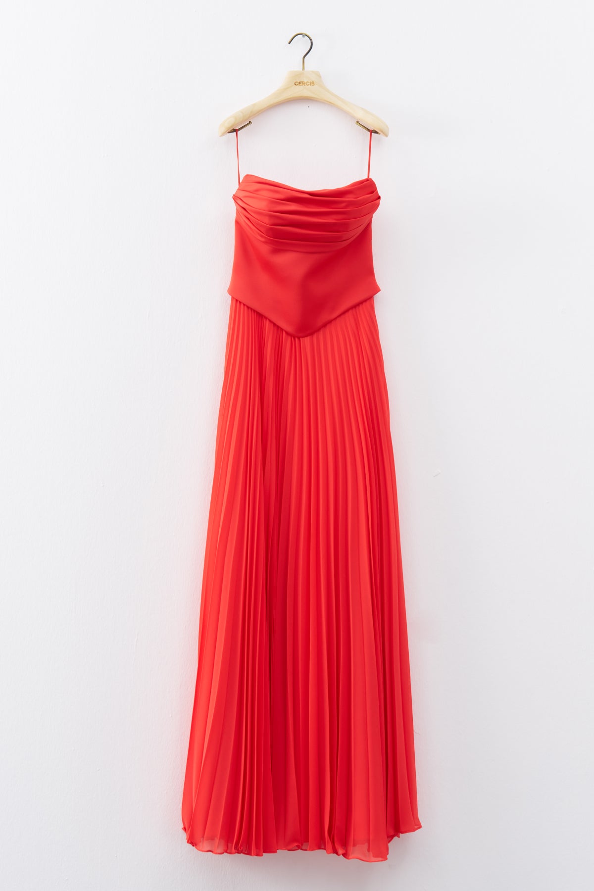 Coral Red Strapless Draped Pleated Skirt Long Evening Dress